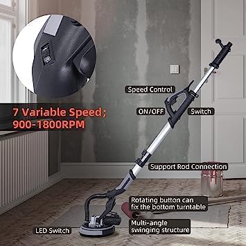 750W Electric Drywall Sander with Vacuum Dust Collection - 7 Variable Speed (900-1800 RPM) LED Light Drywall Sanding Tool - Includes 14 Sanding Discs & Extendable Handle - Perfect for Home Renovation, Drywall Repair and Professional Construction Projects