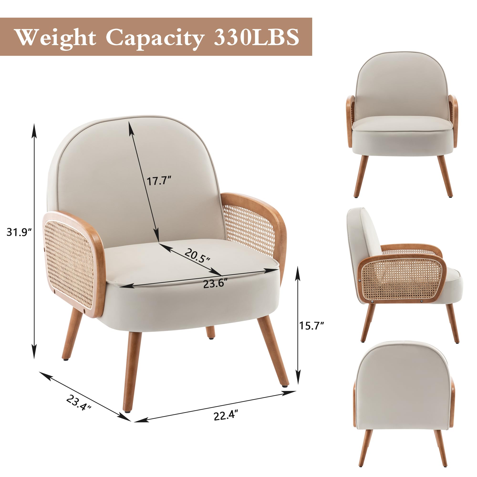 Mid Century Modern Accent Chair with Rattan Arms - Boho Upholstered Armchair in Faux Leather Beige for Living Room, Bedroom & Balcony | Perfect Reading Chair & Side Club Chair for Home Decor