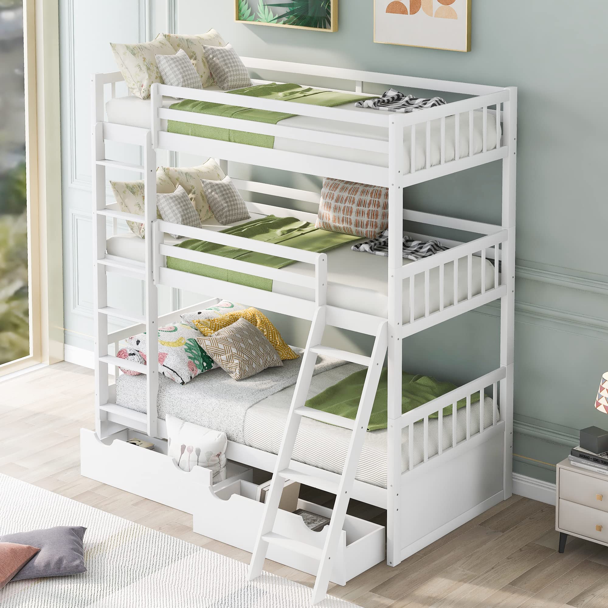 Merax Twin Over Twin Over Triple Bunk Bed with Drawers - Adjustable Metal Frame, Guard Rail & Ladder - Space Saving Kids & Teens Bunk Bed (White) - Perfect for Small Bedrooms, Dorms & Vacation Homes