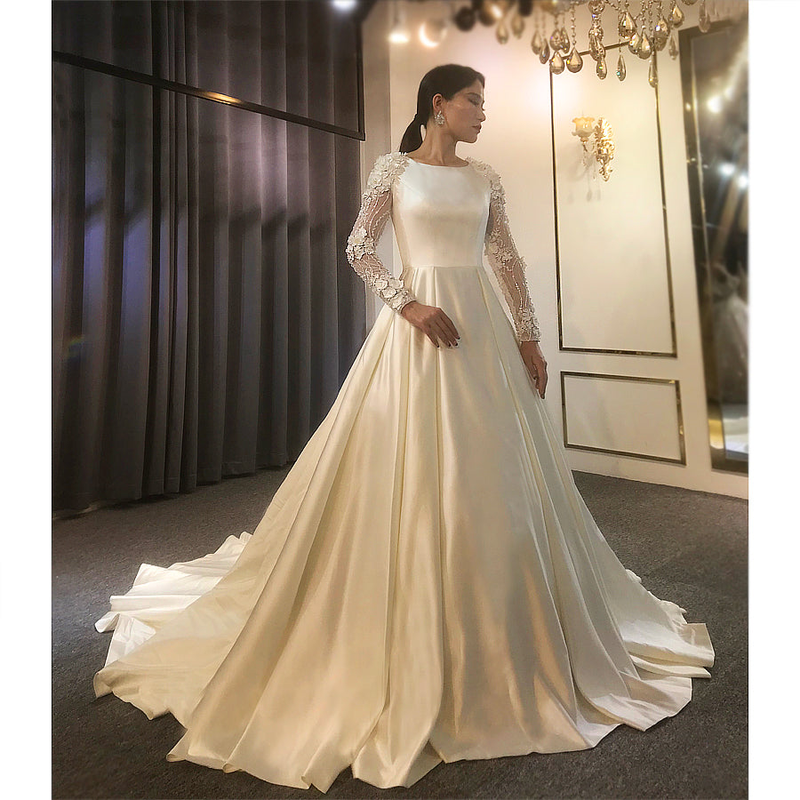 Elegant Satin Long Sleeve Wedding Dress NS3940 - Simple Plain Bridal Gown with Real Work Photos | Perfect for Church, Ballroom & Formal Weddings