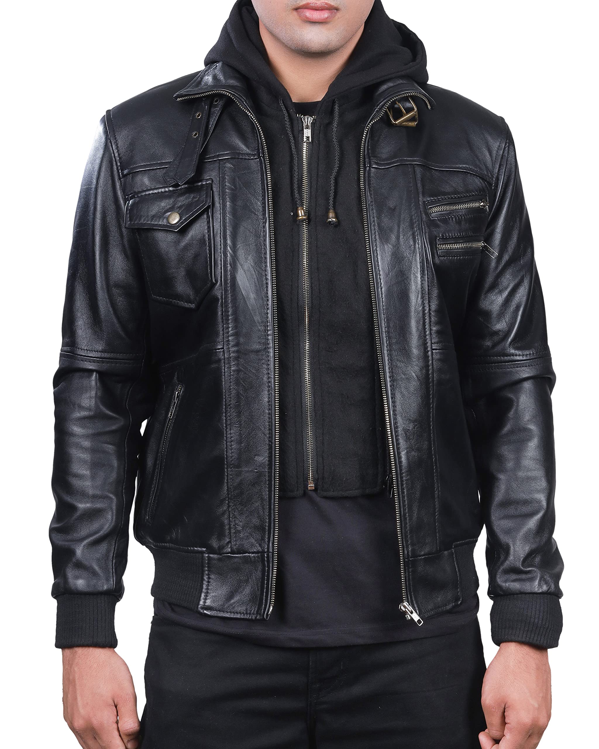 Premium Genuine Lambskin Leather Jacket for Men - Black Motorcycle Jacket with Striped Collar | Stylish Biker Outerwear for Riding, Casual Wear & Night Out