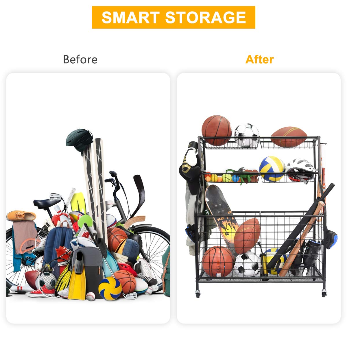 Kinghouse Steel Black Garage Sports Equipment Organizer - Ball Storage Rack & Rolling Cart for Basketball, Soccer, Football | Perfect for Garage, Basement & Backyard Organization