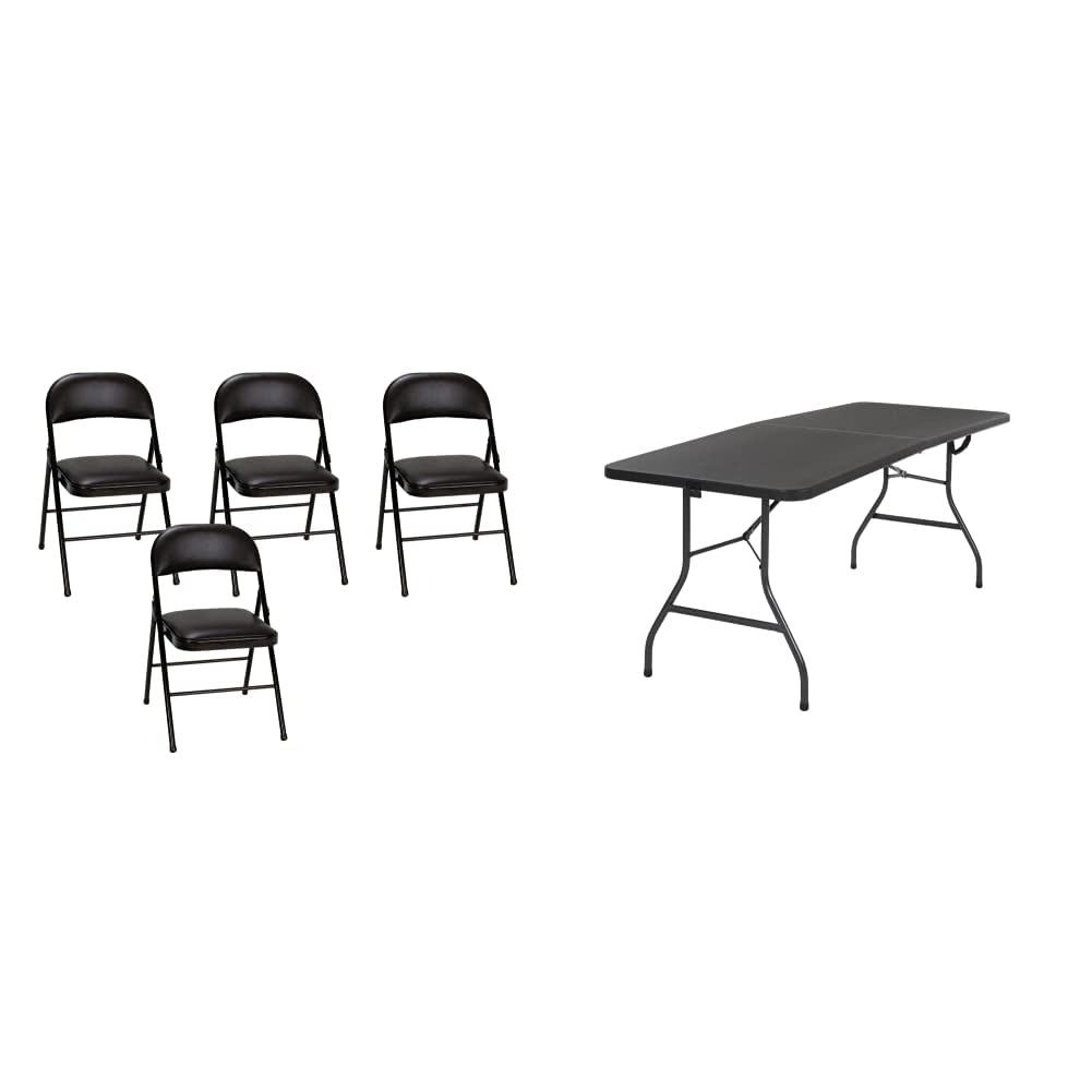 Cosco Vinyl 4-Pack Black Folding Chairs & 6ft x 30in Fold-in-Half Blow Molded Folding Table Set - Perfect for Parties, Events, and Outdoor Gatherings