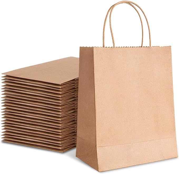 Aakriti 10.5x5x13.5 Inch Brown Kraft Paper Gift Bags with Handles - Pack of 10 Bulk Wedding Favor Bags, Party Supplies, Grocery Shopping & Retail Merchandise Bags - Perfect for Bridal Showers, Baby Showers & Corporate Events