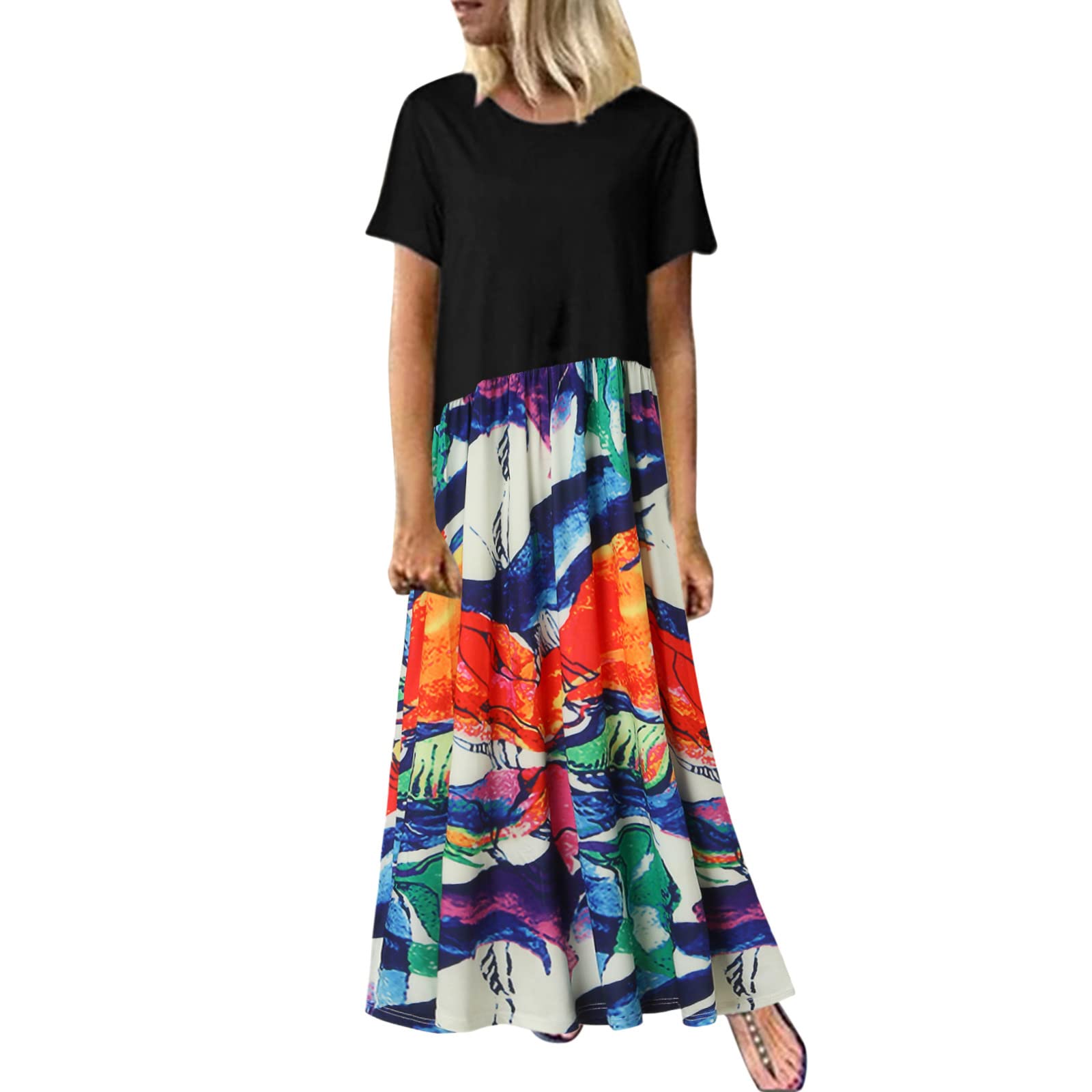 Women's Mini Swing Skater Dress - Round Neck Short Sleeve Patchwork Summer Beach Dress | Perfect for Vacation, Party & Casual Wear
