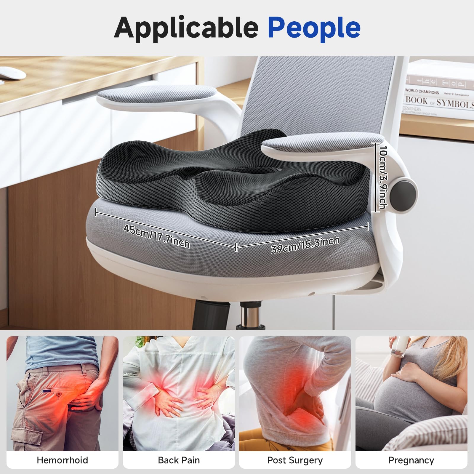 Benazcap Memory Foam Office Chair Cushion - Ergonomic Seat Cushion for Sciatica & Tailbone Pain Relief - Comfortable Support for Long Sitting, Gaming Chairs & Car Seats (Black & Gray) - Perfect for Home Office, Work, Driving & Gaming