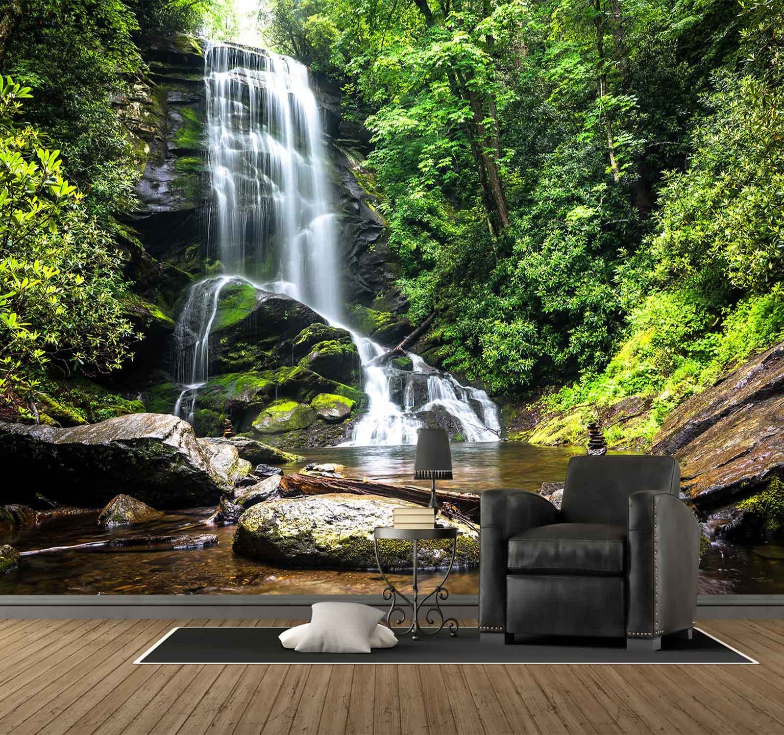 195''x120'' Cascading Waterfalls in Forest Wall Mural - Large Non-Adhesive Wallpaper for Bedroom, Living Room & Kids Room Decor | Perfect for Nature-Themed Home Interiors & Relaxing Spaces