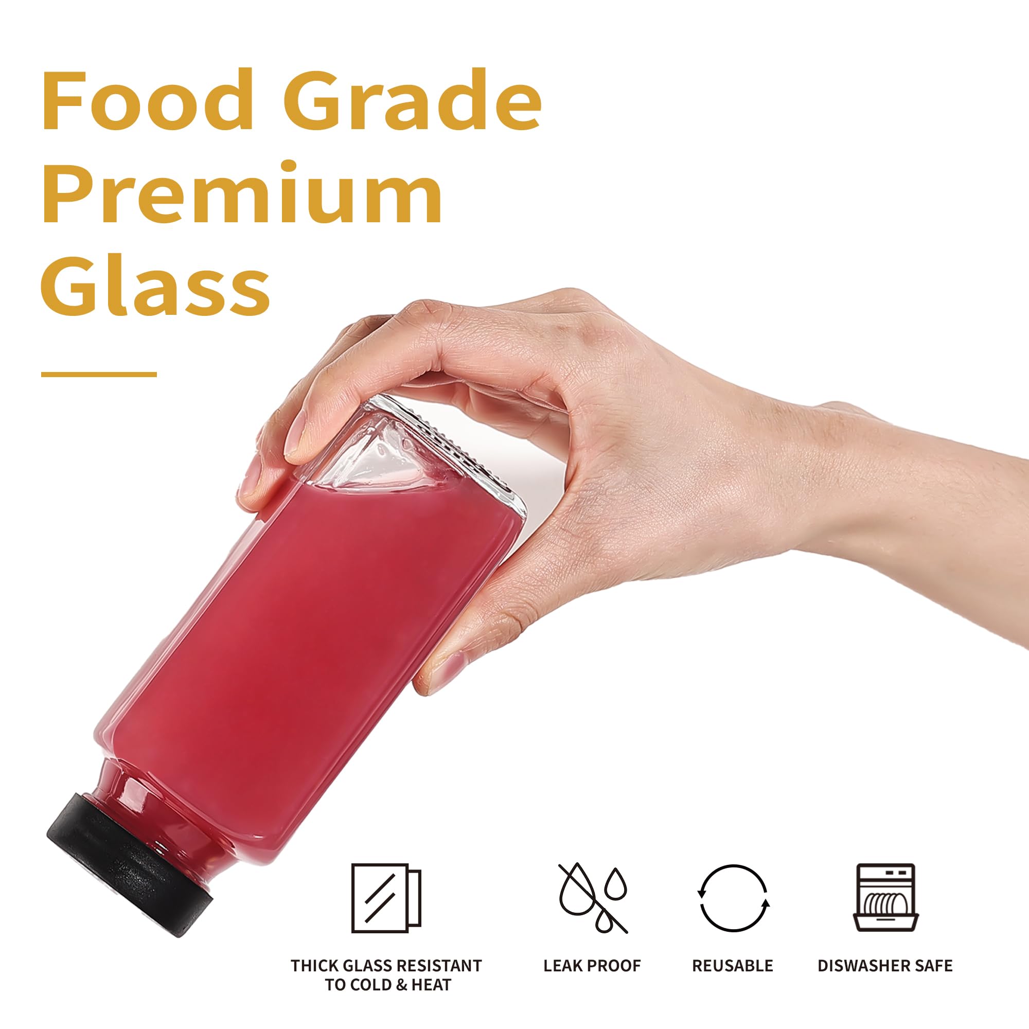 16 Pack 8 oz Glass Juice Bottles with Black Lids & Labels - Reusable Leakproof Drink Containers for Juicing, Water, Ginger Shots, Wellness Drinks - Dishwasher Safe Travel Storage Jars for Home, Office & Gym Use