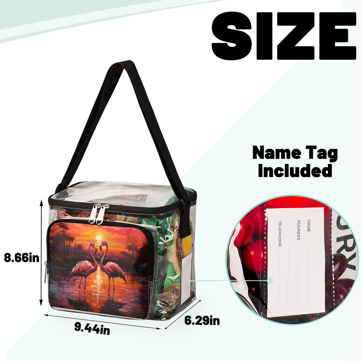 GzLeyigou Clear Transparent Tote Bag with Handles - Sunset Flamingo Print Crossbody Shoulder Bag for Women, Lunch Bag for Outdoor, Travel, Picnic, Concerts & Sports Events - Stadium Approved Purse for Beach, Shopping & Theme Parks