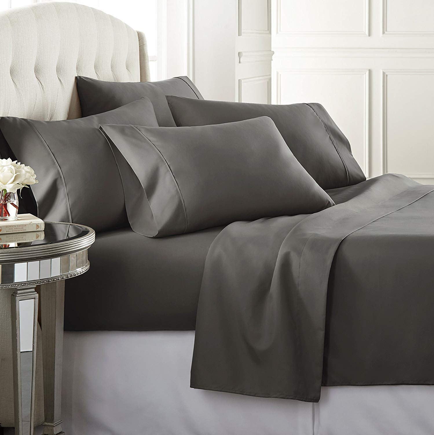 Eco-Friendly Soft 800 Thread Count 6-Piece Egyptian Cotton Bed Sheet Set (Flat Sheet + Fitted Sheet + 2 Pillowcases) - Hypoallergenic, Wrinkle Resistant & Cooling Sheets for Hot Sleepers - Dark Gray, California Queen Size - Perfect for Luxury Hotels, Guest Rooms & Master Bedrooms