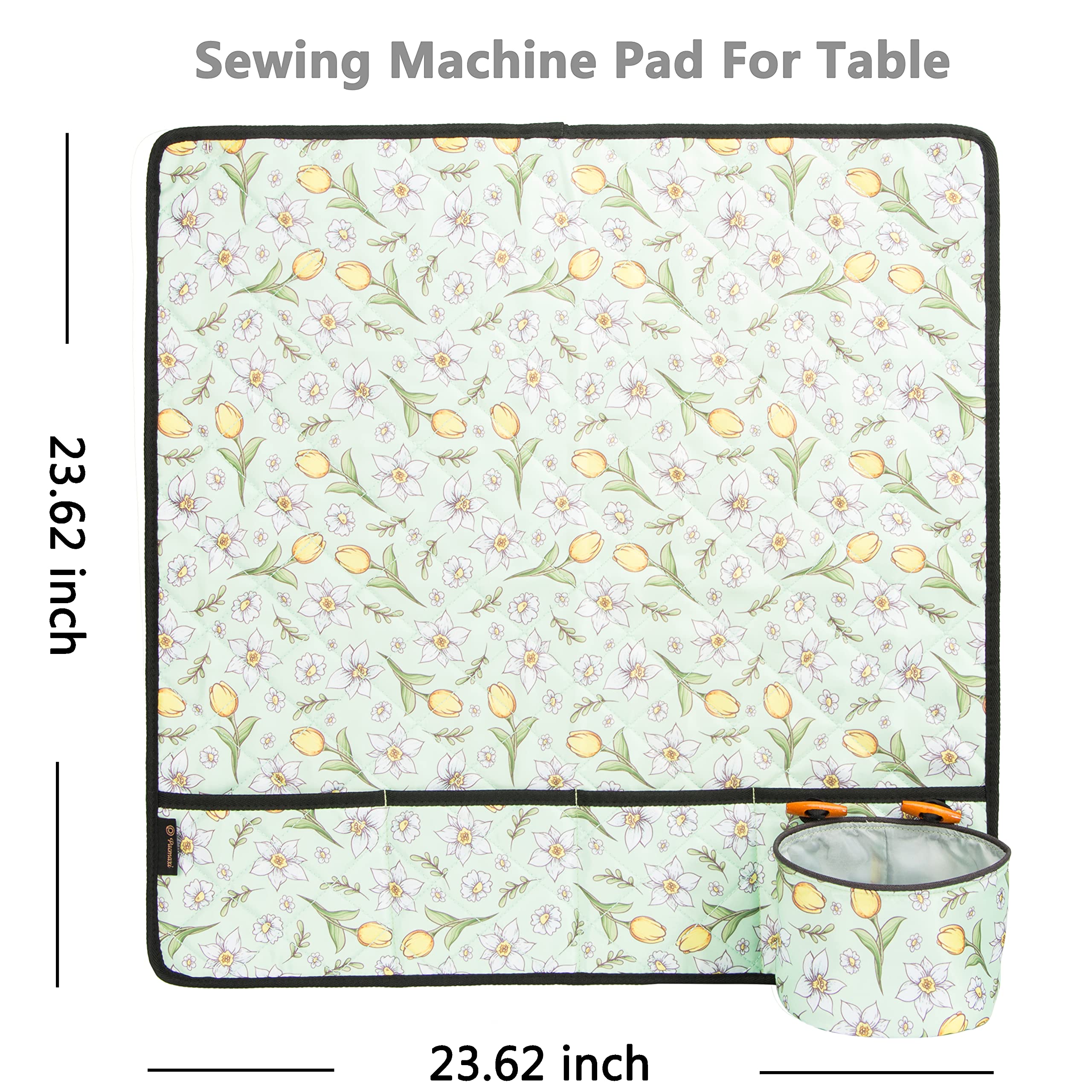 PACMAXI Water-Resistant Sewing Machine Pad with Storage Pockets - Floral Green Table Mat Organizer for Sewing Accessories | Perfect for Craft Rooms, Quilting Stations & Home Sewing Projects