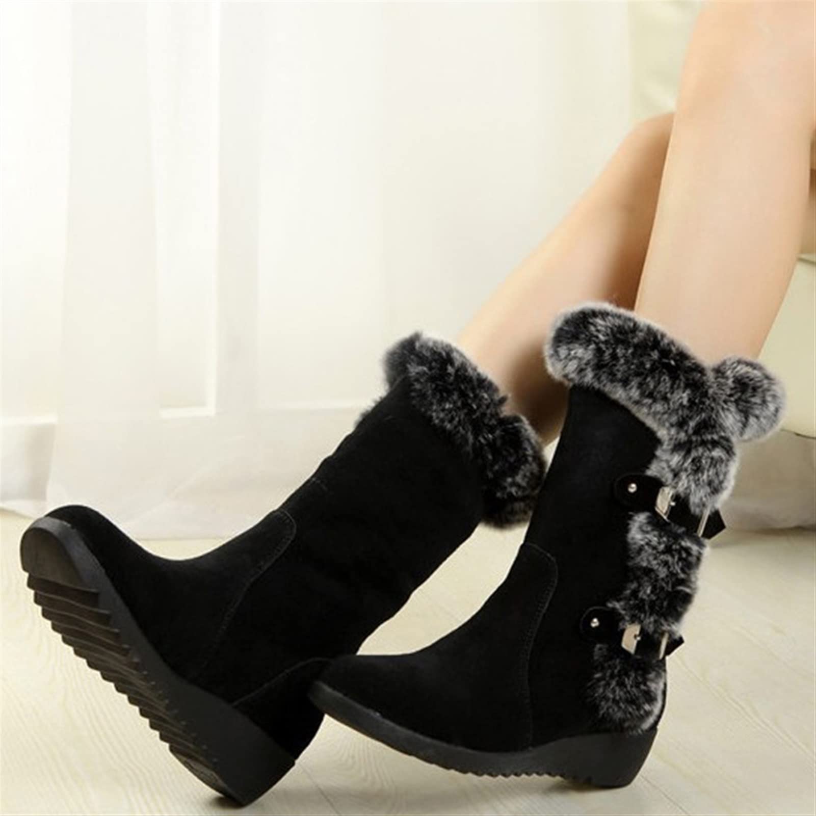 Women's Winter Boots - Warm Fur Lined Mid Calf Snow Boots Slip On Round Toe Wedge Heel Casual Shoes - Size 8 Black - Perfect for Snowy Days, Outdoor Activities & Winter Fashion