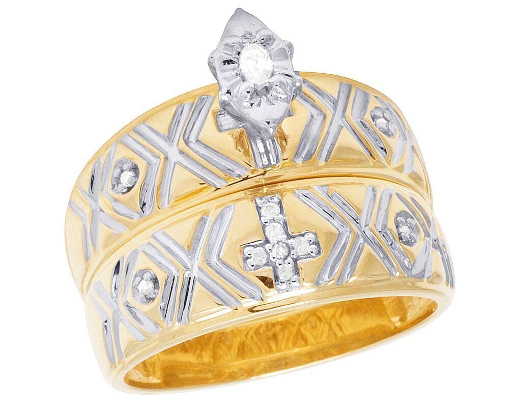 SSJewel 0.12 Ct Oval & Round Cut Diamond Two-Tone Religious Cross His & Her Trio Bridal Wedding Band Engagement Ring Set - 14K Gold Plated 925 Sterling Silver Handmade Anniversary Gift for Women | Perfect for Christian Weddings, Valentine's Day & Proposal Jewelry