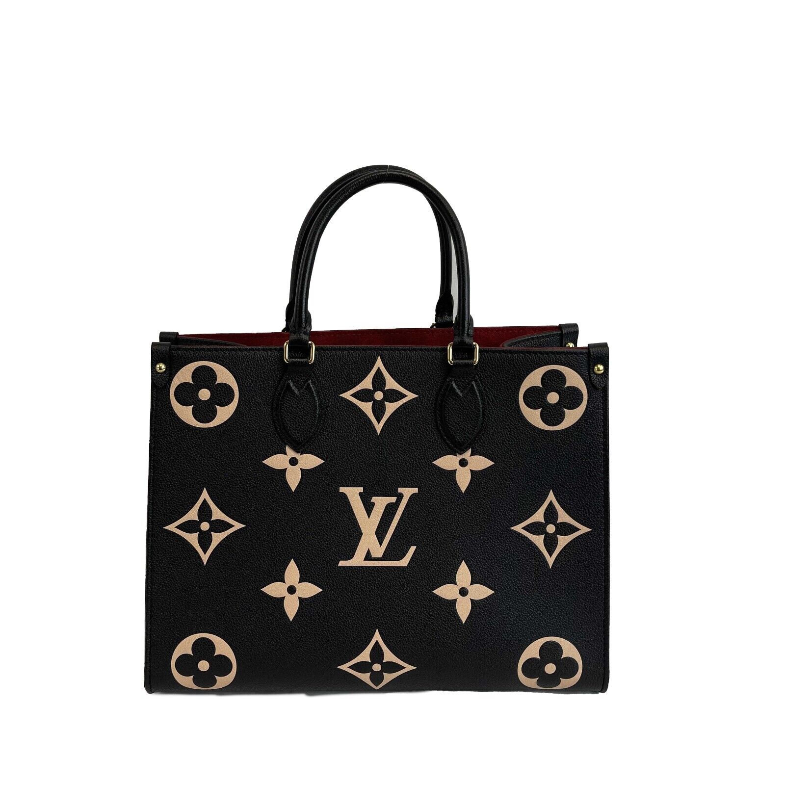 Louis Vuitton On The Go MM Black Beige Embossed Leather Tote Bag with Adjustable Strap - Luxury Designer Handbag for Women, Work, Travel & Everyday Use