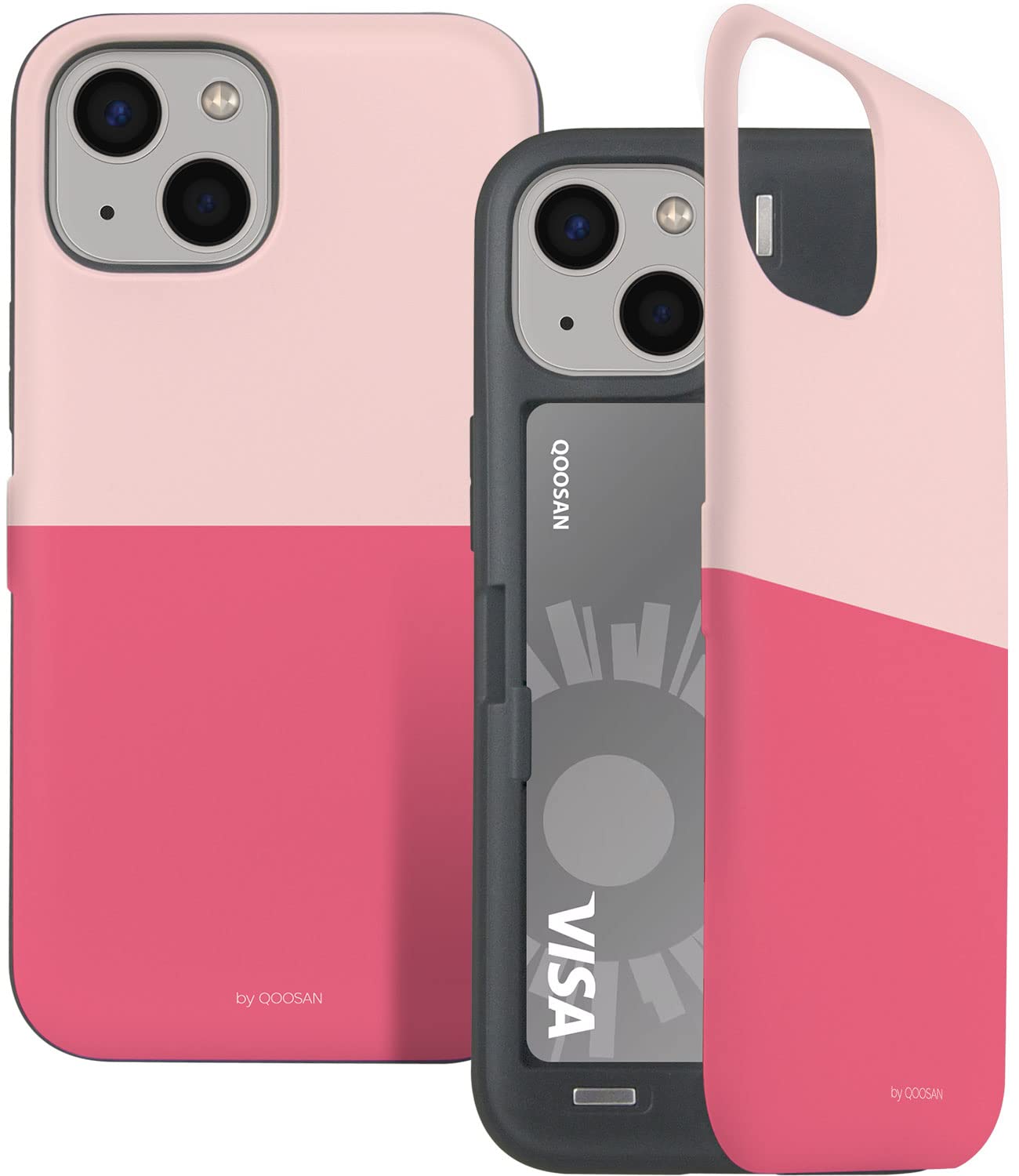 Qoosan Slim iPhone 13 Mini Case with Built-in Card Holder & Mirror - Protective Wallet Phone Cover for iPhone 13 Mini 5.4 Inch (Pink) - Perfect for Everyday Use, Travel & Hands-Free Convenience
