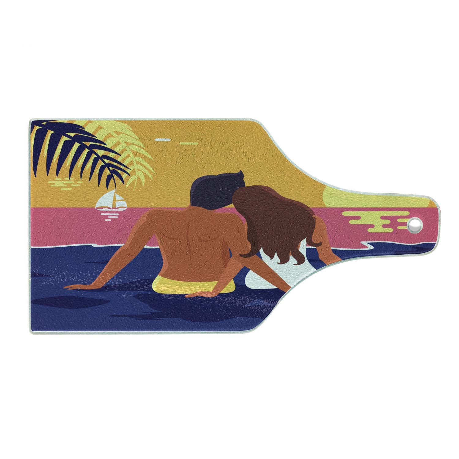 Ambesonne Romantic Sunset Couple Beach Cutting Board - Tempered Glass Serving Tray with Abstract Design, Wine Bottle Shape - Perfect for Kitchen, Dining, Party & Gift Giving
