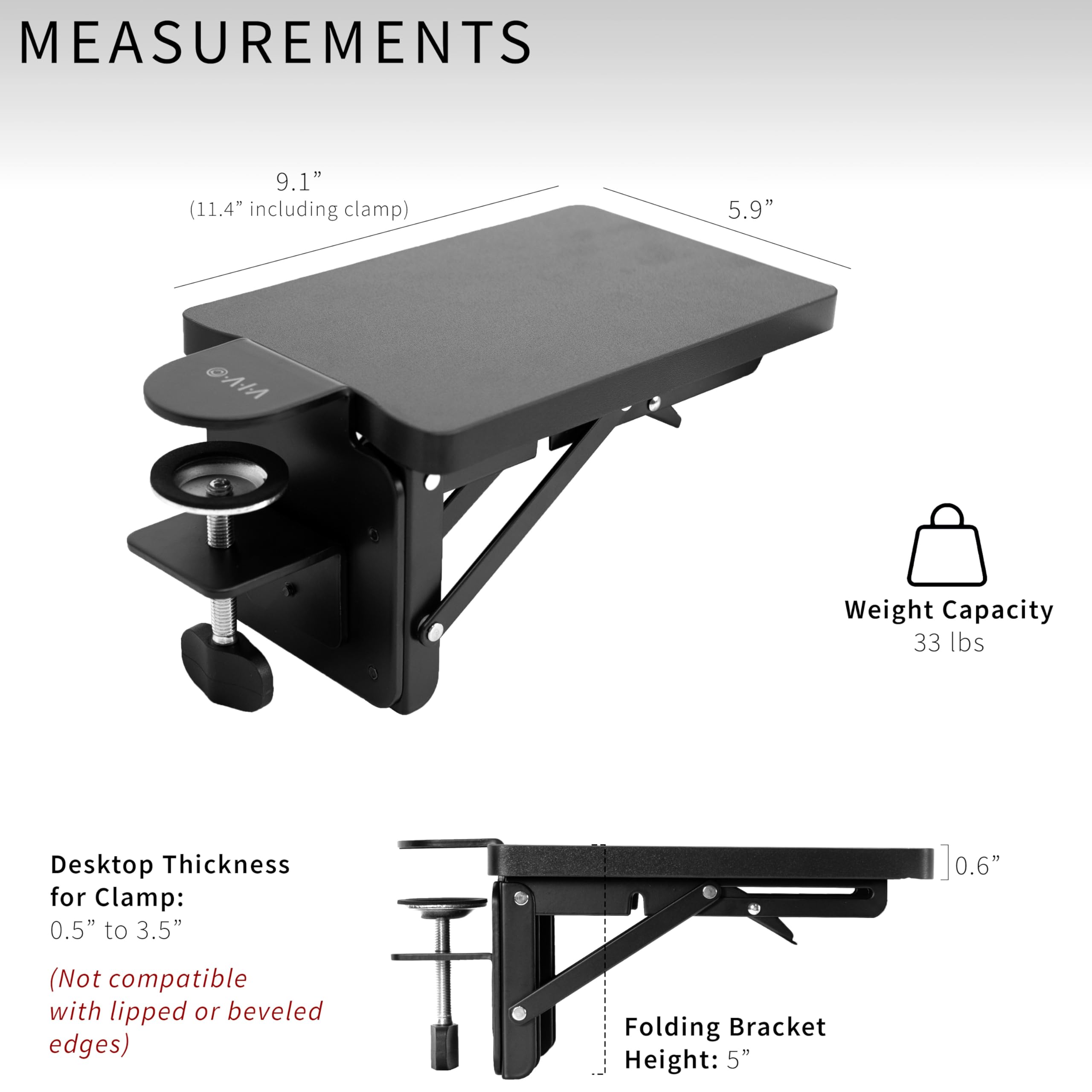 VIVO Clamp-on 6 x 9 inch Desk Extender with Wrist Support - Black Adjustable Armrest Tray for Sit Stand Desks (Includes 11 Clamps) | Perfect for Office Work, Gaming & Home Workspace Ergonomics