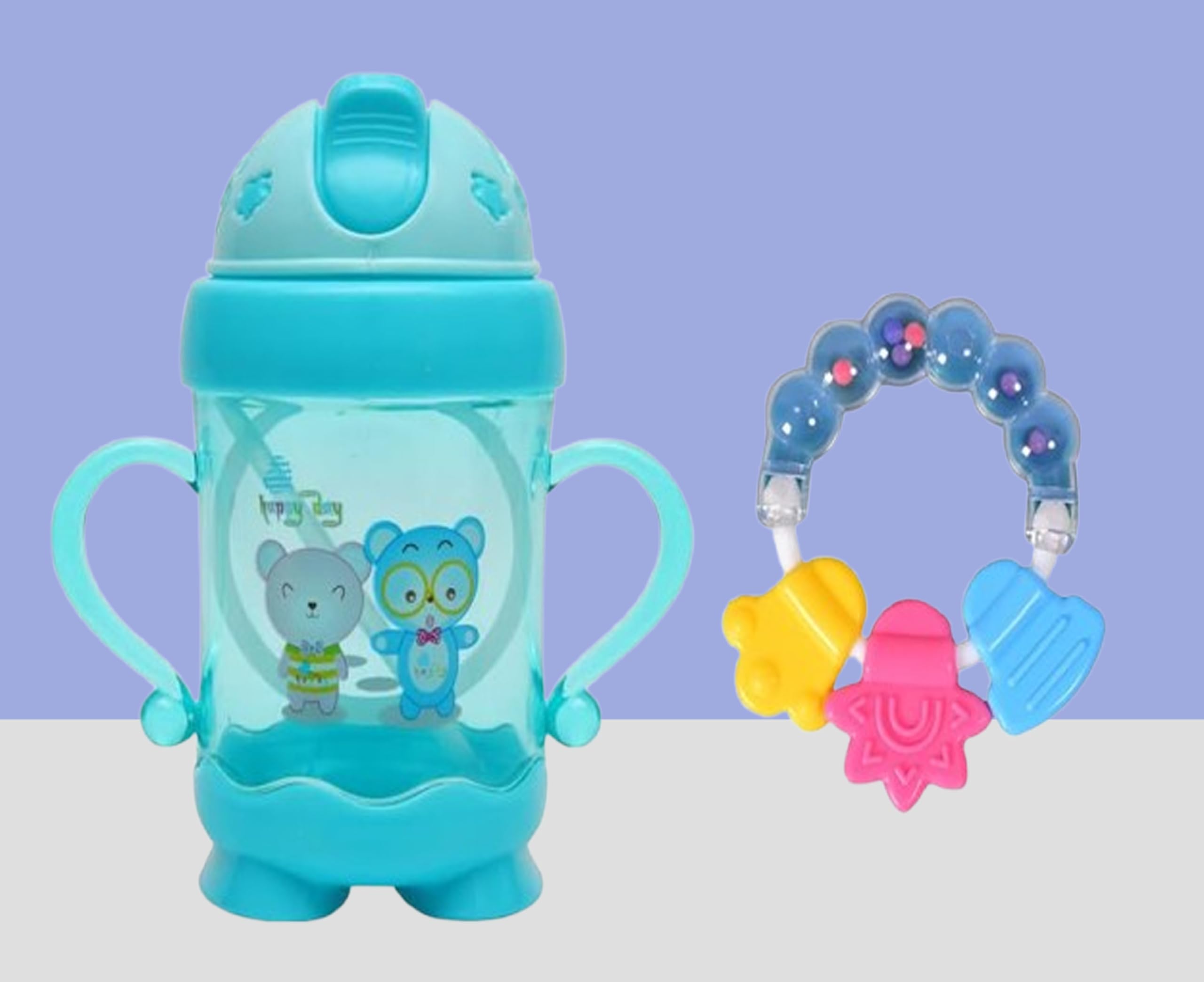 Cheeky Kidzz Silicone Teething Toy - BPA-Free Ring Rattle & 300ml Feeder for Babies 6-12 Months | Soothing Sore Gums, Sensory Play & Feeding Aid (Pattern 153)
