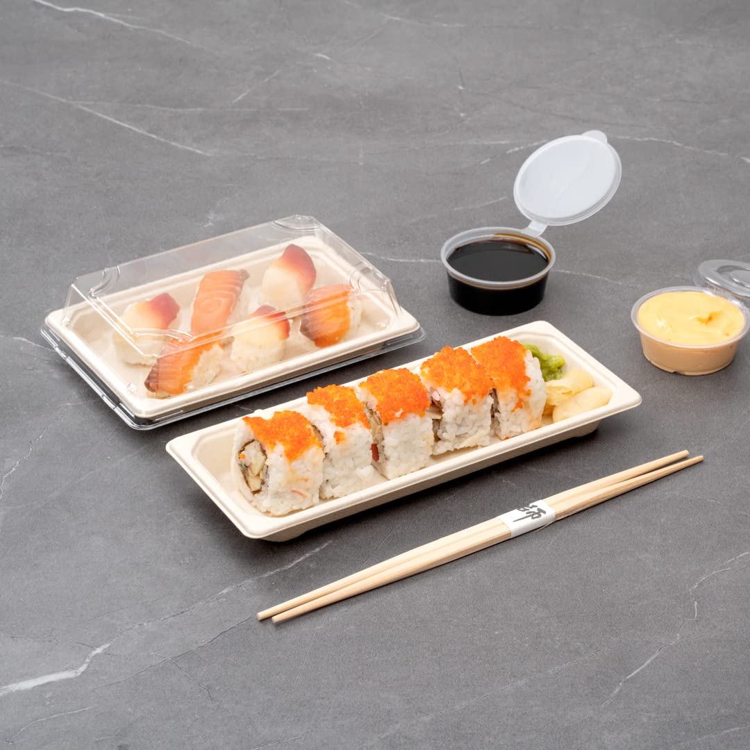 Eco-Friendly 8.7 x 3.5 Inch Microwavable Bagasse Sushi Trays - 100-Pack Sugarcane Fiber Dishes, Freezer Safe (Lids Sold Separately) | Perfect for Restaurants, Catering & Home Sushi Parties
