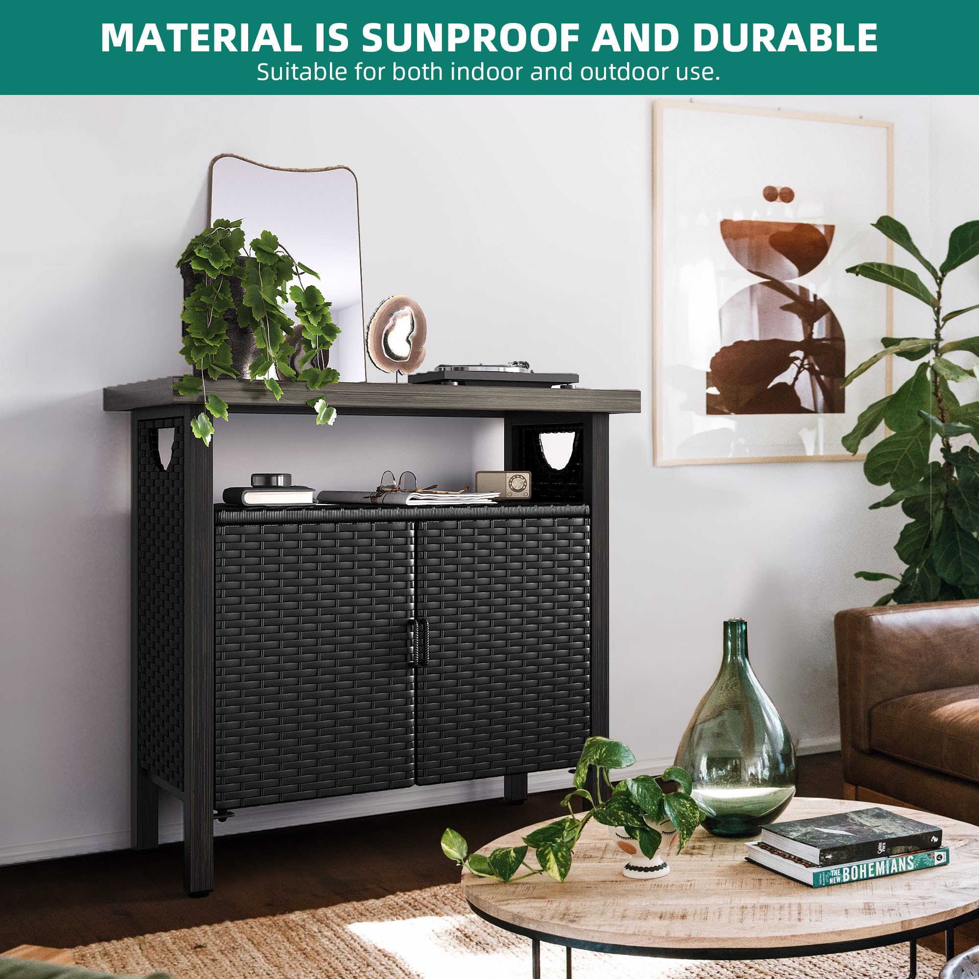 YITAHOME Outdoor Storage Cabinet with 2 Doors & Shelves - Weatherproof Wicker Patio Bar Table for Cushions, Pool Tools & Garden Supplies - Black | Perfect for Backyard, Deck & Poolside Storage Organization