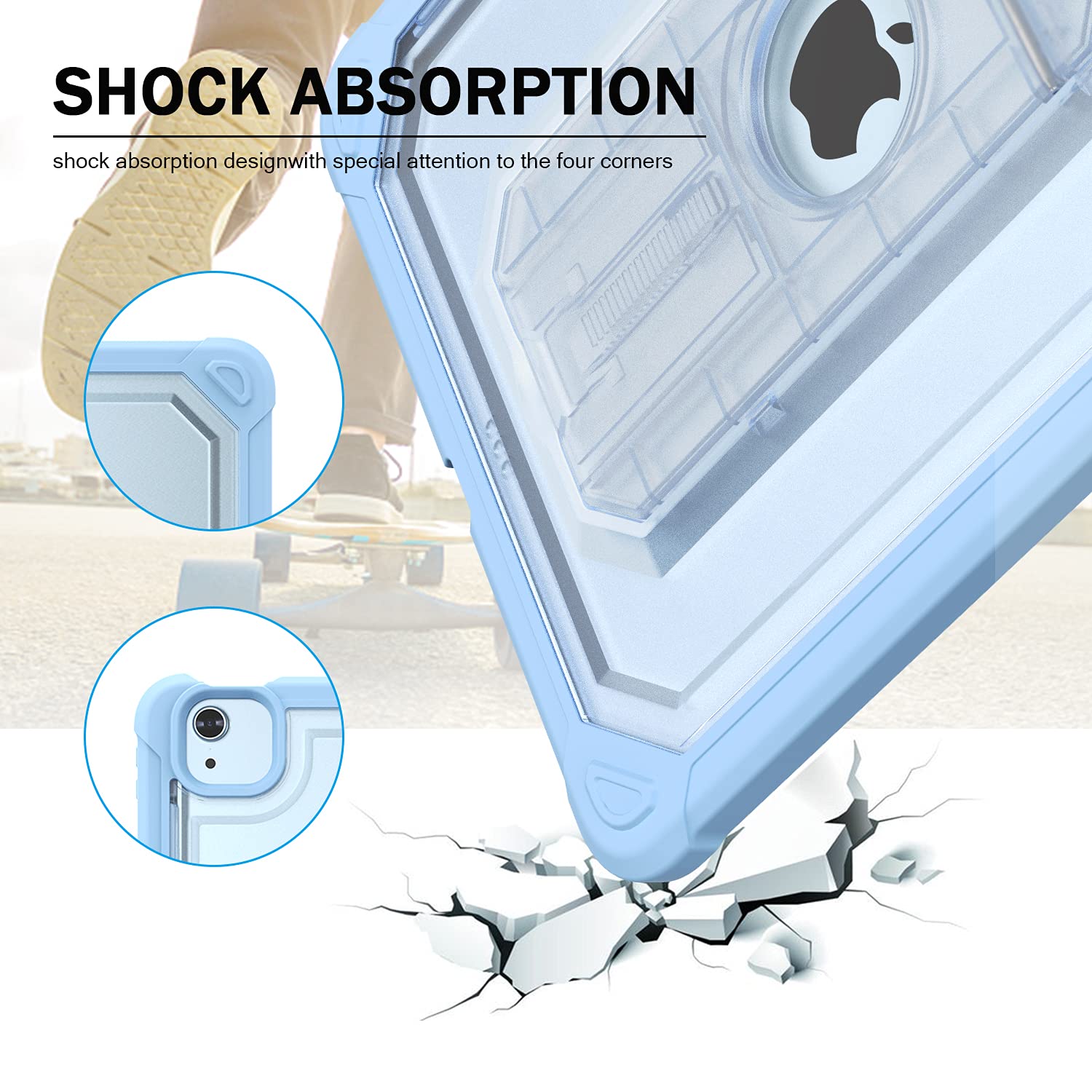 Clear Shockproof iPad Air 5th/4th Gen Case (10.9 Inch 2022/2020) - Built-in Screen Protector & Apple Pencil Holder with Kickstand - Dual Layer Protection in Clear & Sky Blue - Perfect for Work, School & Travel