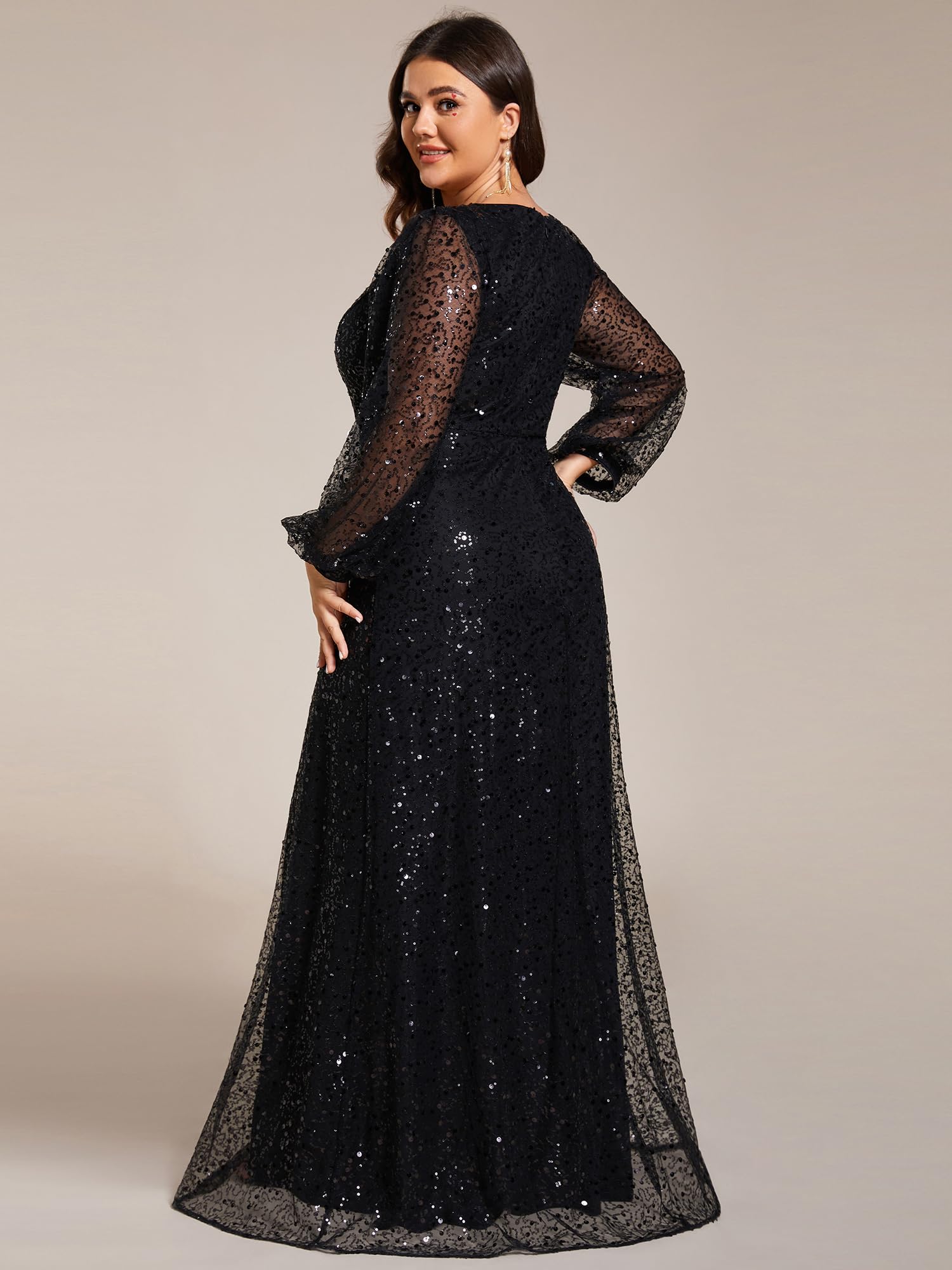 Ever-Pretty Women's Plus Size Sequin Formal Dress A-Line V-Neck Long Sleeve Sheer Evening Gown 01999-DA | Perfect for Prom, Wedding Guest, Cocktail Party & Special Occasions