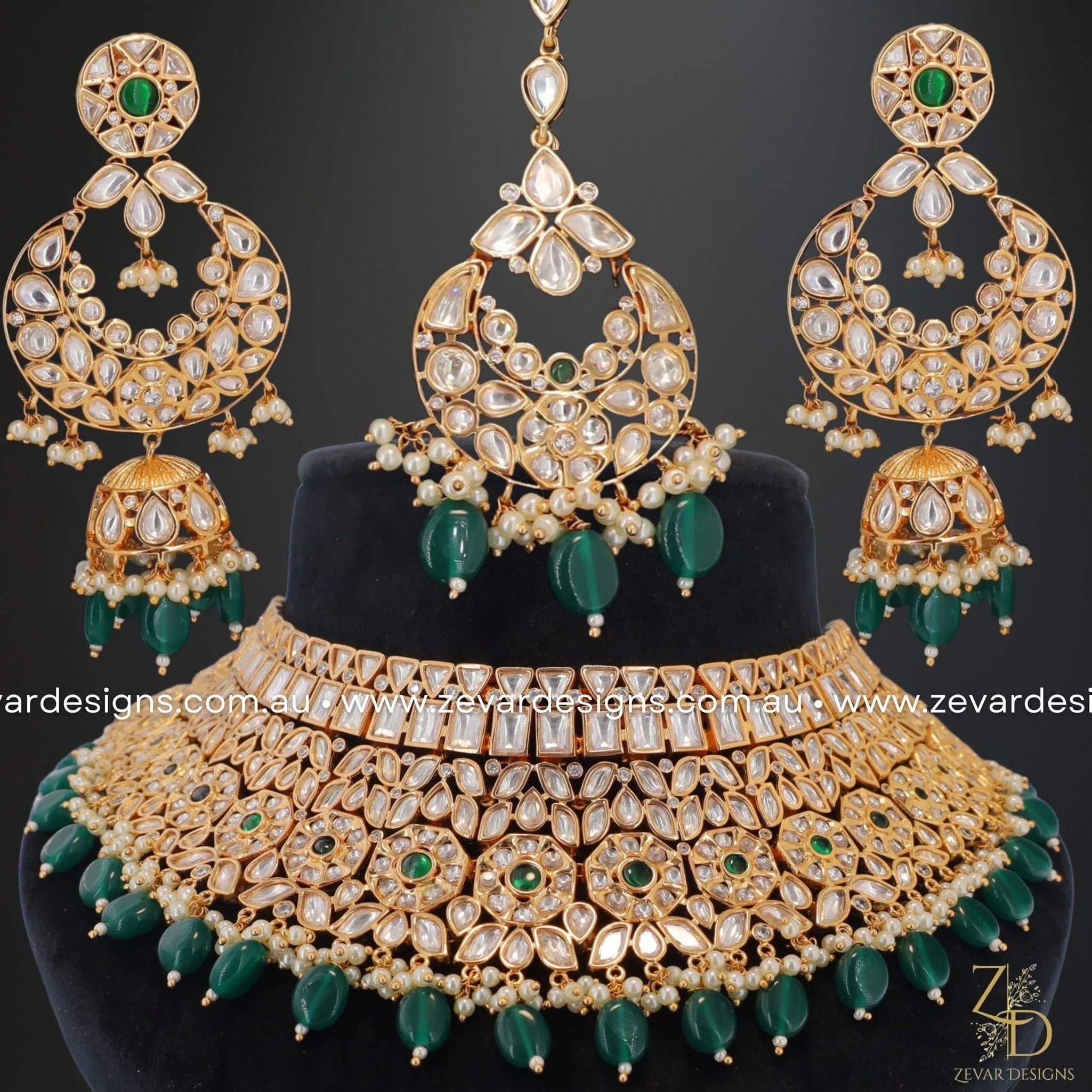 Exquisite Designer Kundan Polki Necklace Set with Tikka - Green Ethnic Jewelry for Weddings, Parties & Festive Occasions