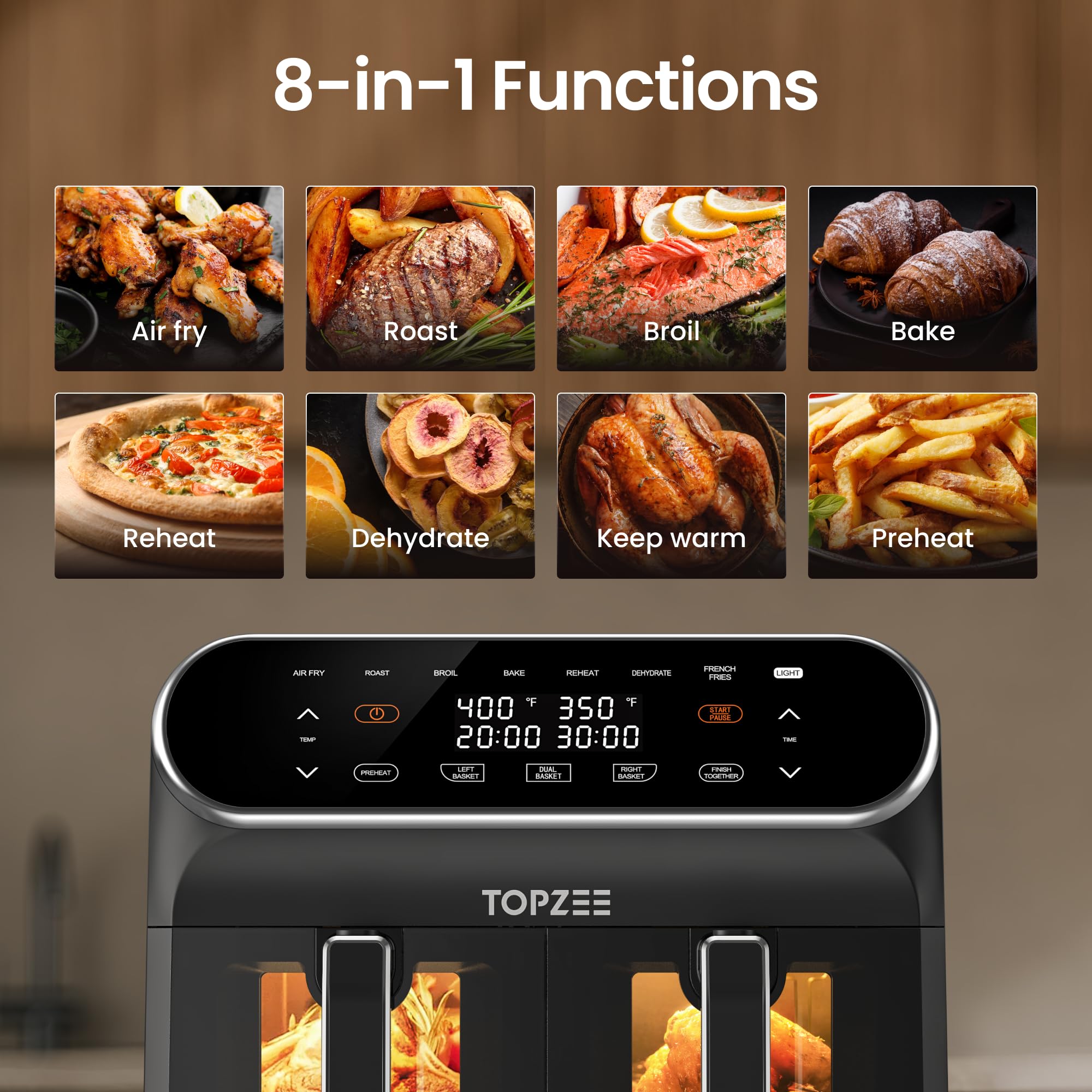 8-QT Large Air Fryer with Dual Basket - Nonstick Dishwasher Safe, Preheat Function for Air Frying, Roasting, Baking & Dehydrating | Easy View Windows & 2 Independent 4 QT Baskets | Perfect for Family Meals, Healthy Cooking & Meal Prep - Black