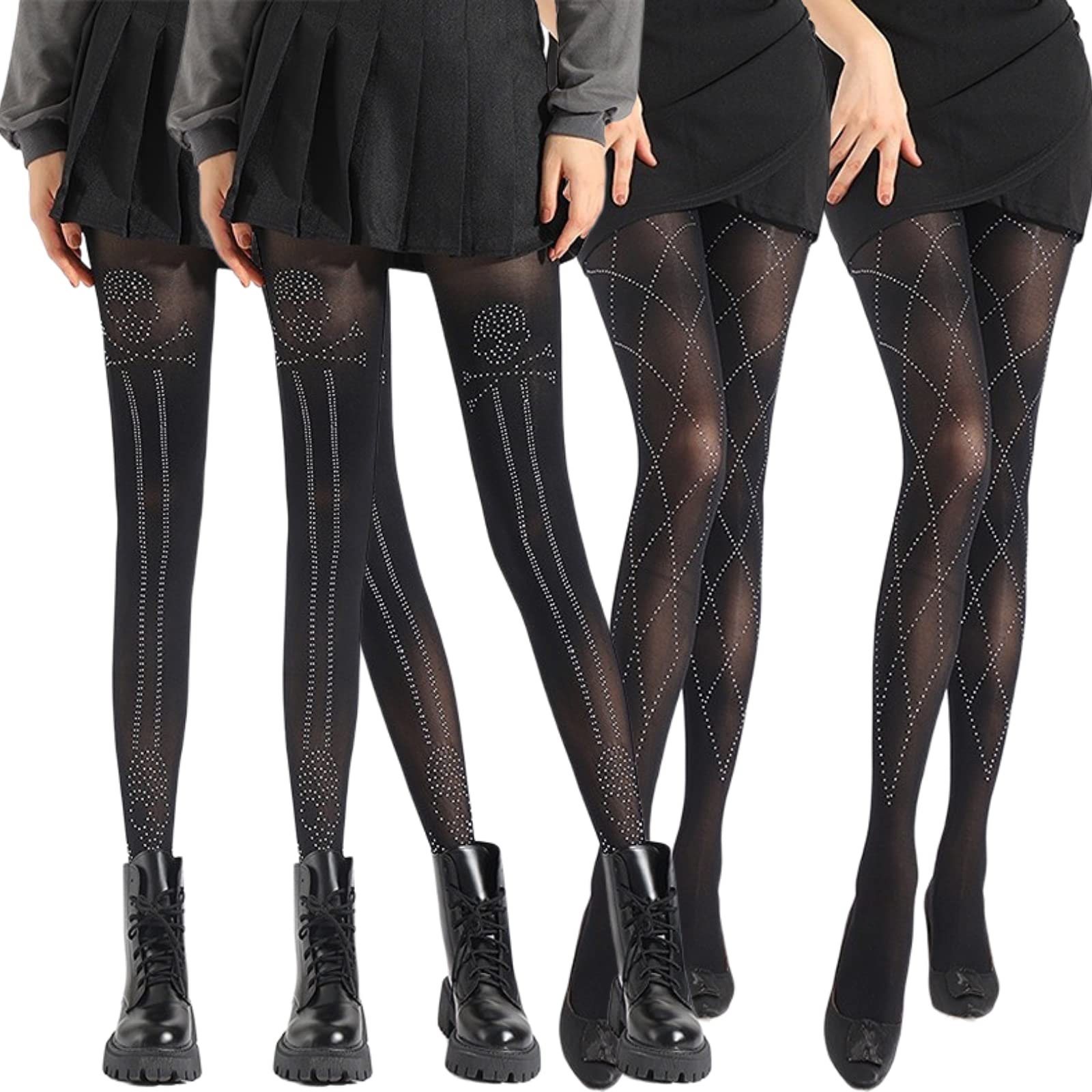 Women's Rhinestone Pattern Tights - Semi Opaque Black High Waist Stockings for Party & Office