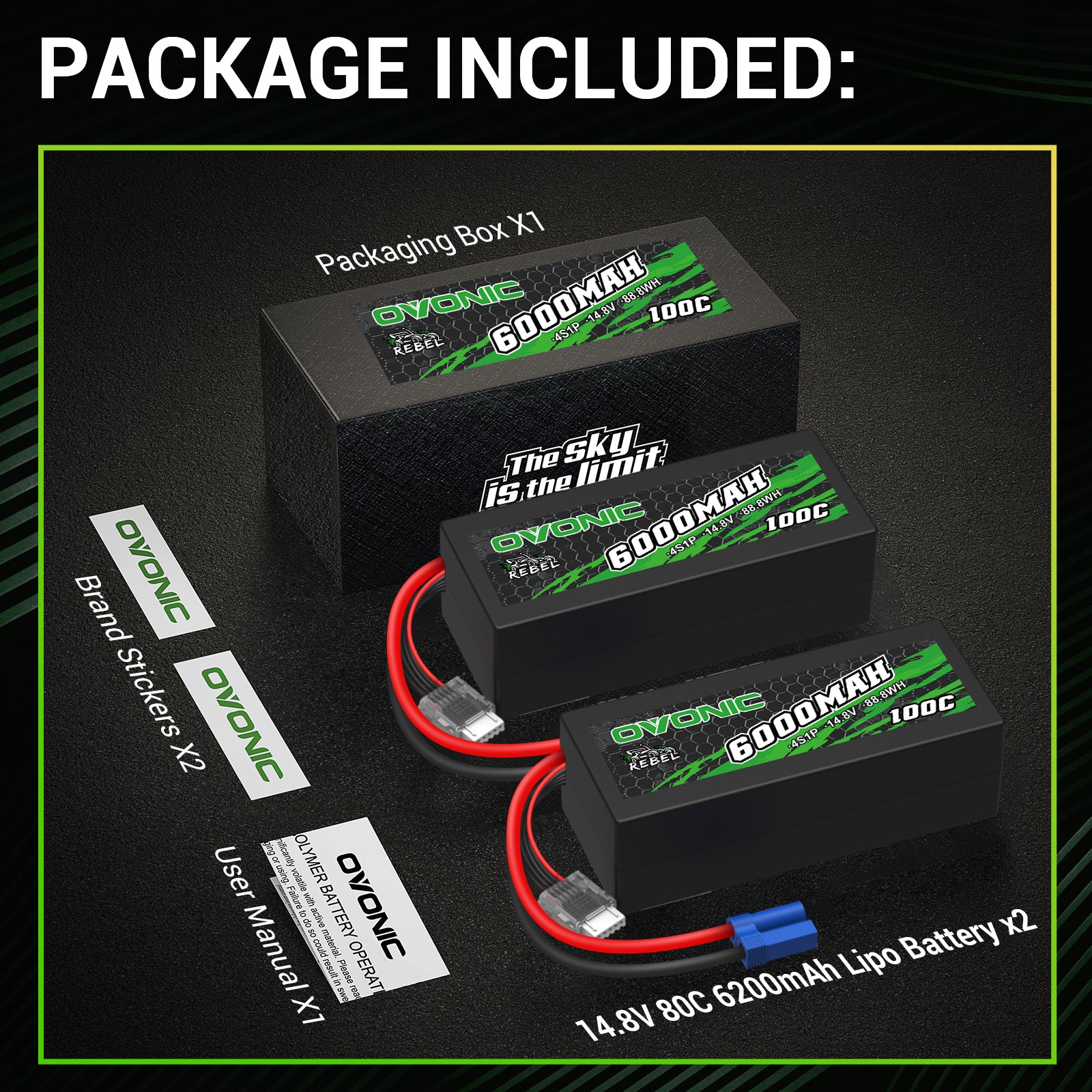 Ovonic Rebel 100C 14.8V 6000mAh 4S LiPo Battery with EC5 Connector for Arrma Outcast & Kraton RC Trucks - High Performance Power for Off-Road Bashing and Racing