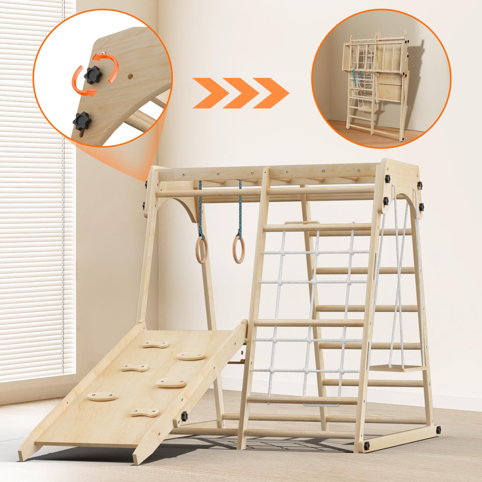 8-in-1 Foldable Montessori Indoor Jungle Gym for Toddlers - Space-Saving Climbing Playset with Slide, Monkey Bars, Swing & Play Table | Perfect for Home Playrooms, Daycares & Preschools | Encourages Physical Development & Active Play