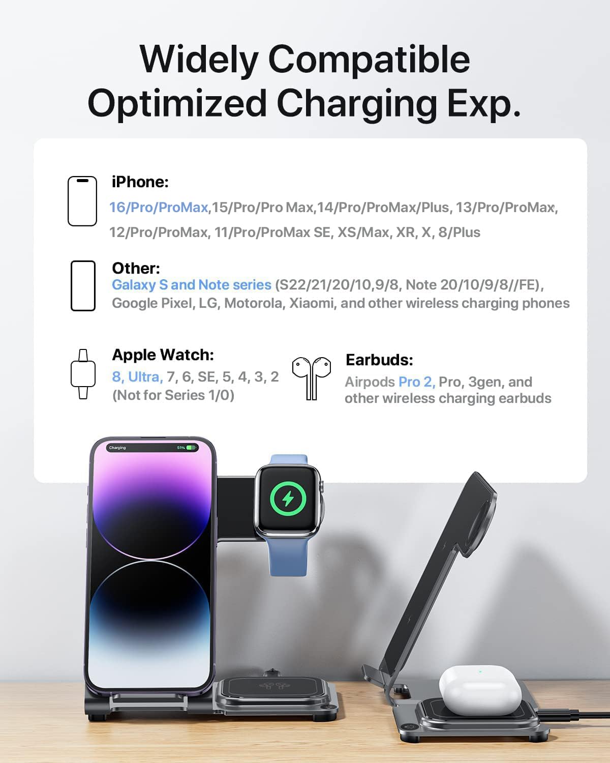 2024 Upgraded 3-in-1 Intoval Metal Wireless Charging Station - Fast Qi Charger for iPhone 16/15/14/13 Series, Apple Watch 10/9/8/Ultra, AirPods Pro 2/3/4 | Sleek Gray Design | Perfect for Bedside, Office & Travel Charging