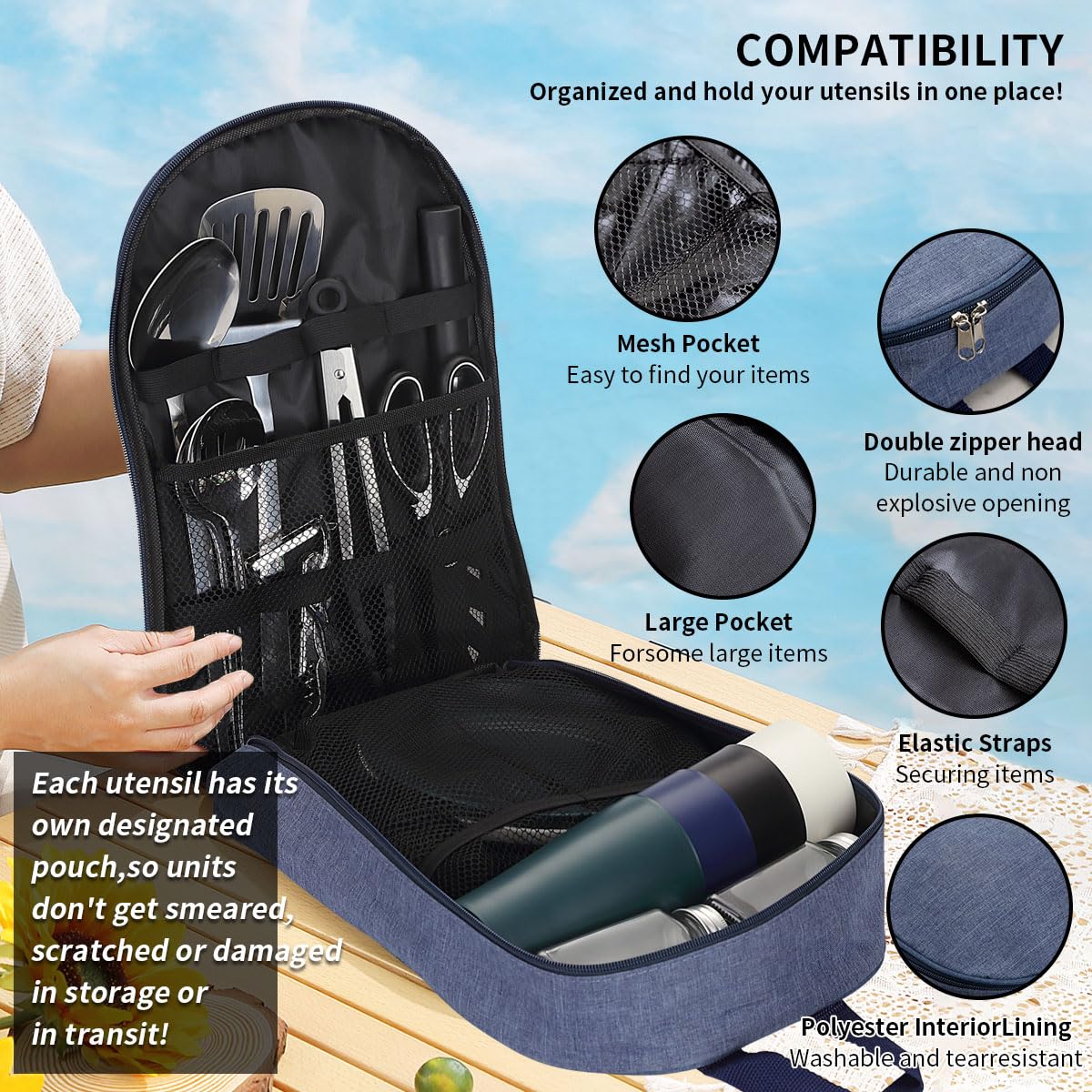 HOMQUEN Camping Essentials - 15-Piece Cooking Utensils Set for RV, Outdoor Hiking, Picnic & BBQ | Portable Camping Gear Must Haves | Perfect Camping Accessories & Gifts for Travel Enthusiasts