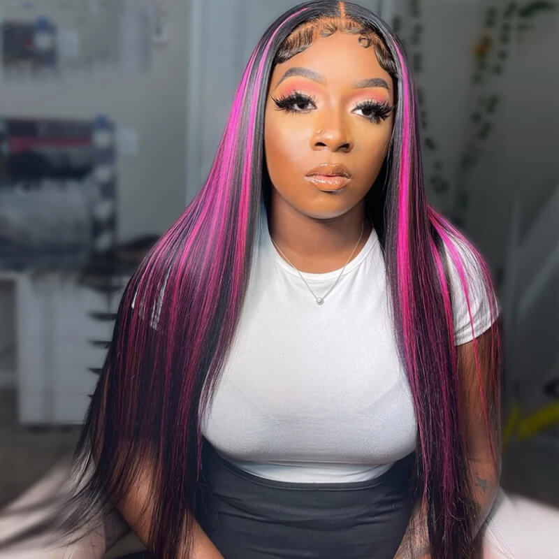 Eullair Red Blue Green Balayage Highlight Straight Lace Frontal Wig for Women - Peekaboo Highlights Human Hair Wig for Daily Wear & Cosplay