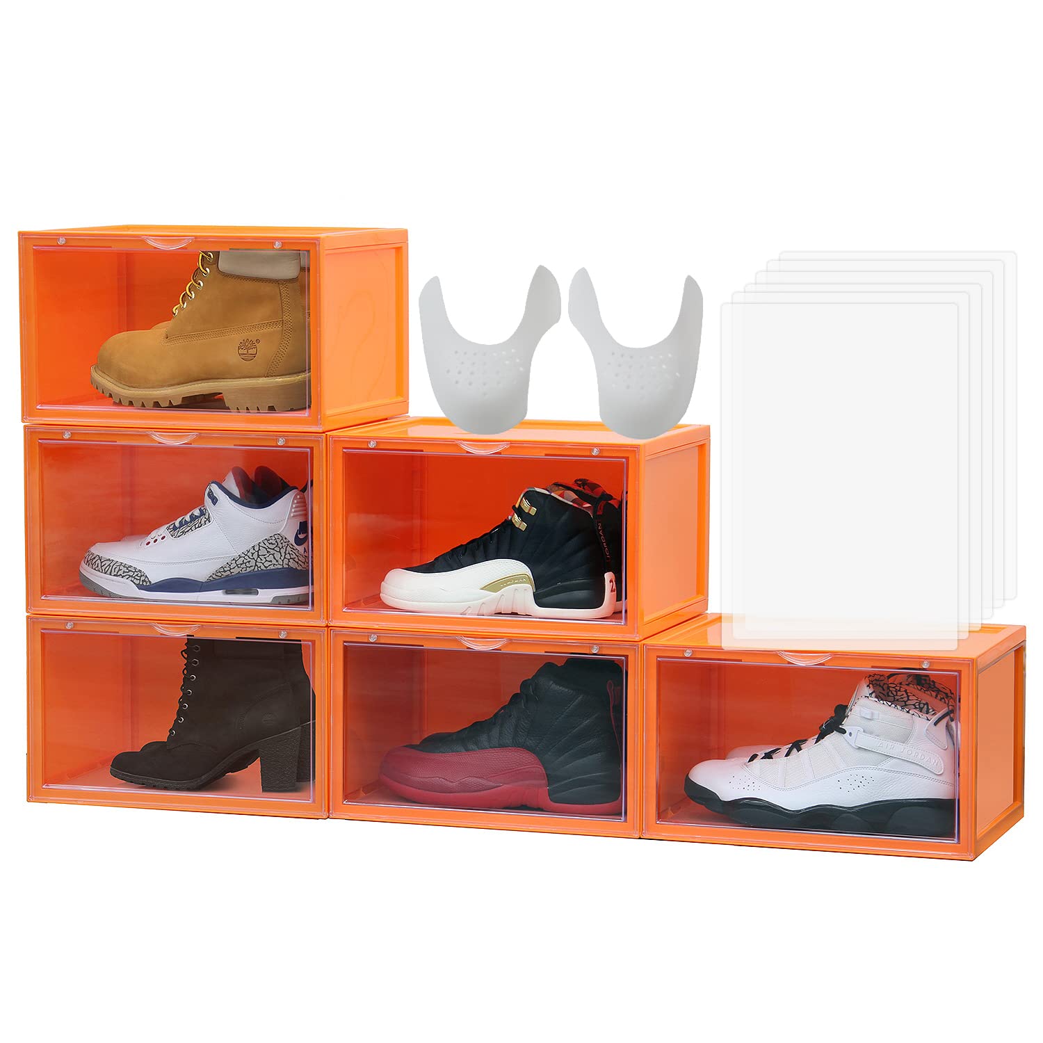 Letusto Premium Clear Plastic Shoe Storage Boxes - 6 Pack Stackable Sneaker Display Cases with Lids, Hygiene Pads & Shoe Shapers (Orange) | Perfect for Sneaker Collection, Closet Organization & Shoe Protection