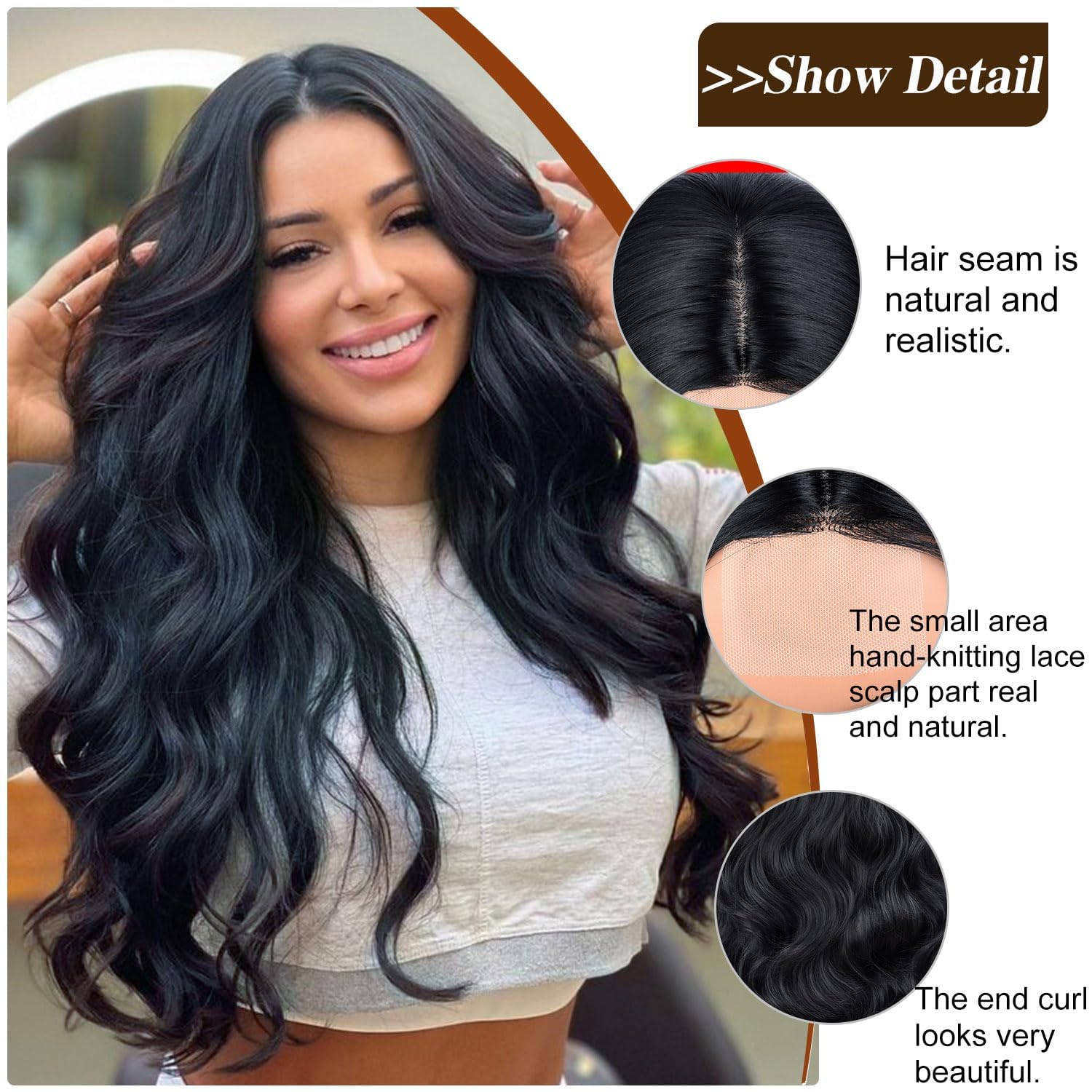 PORSMEER 26 Inch Long Black Wavy Wig for Women - Heat Resistant Synthetic Lace Front Wig with Middle Part, Natural Looking Curly Hair for Daily Wear & Party | Perfect for Cosplay, Halloween & Special Occasions