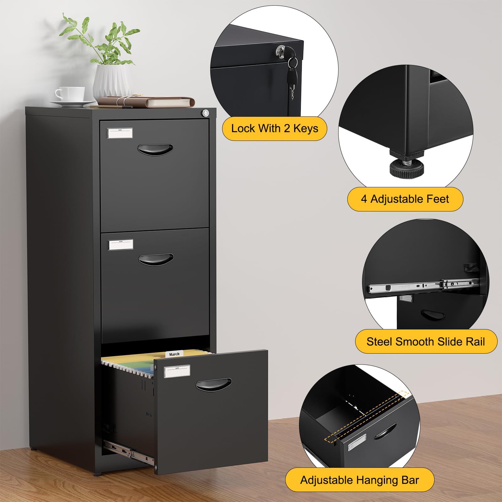 Black 3-Drawer Metal File Cabinet with Lock - Vertical Hanging Letter/Legal Folder Storage for Home Office - Easy Assembly Filing Cabinet for Documents & Records Organization