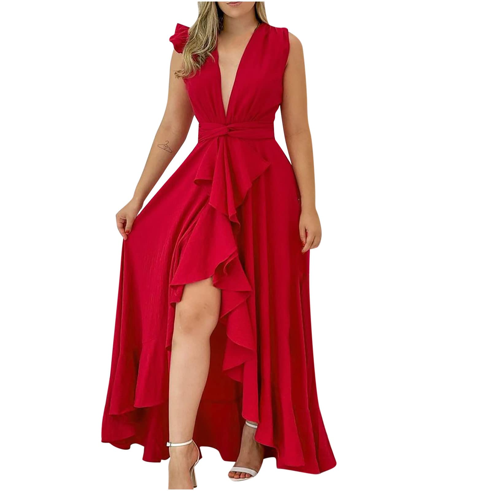 Sexy Women's Formal Maxi Dress with Deep V Neck & Ruffle Tie Waist - Elegant Party Gown with High Slit for Evening Events, Prom, Wedding Guest & Special Occasions