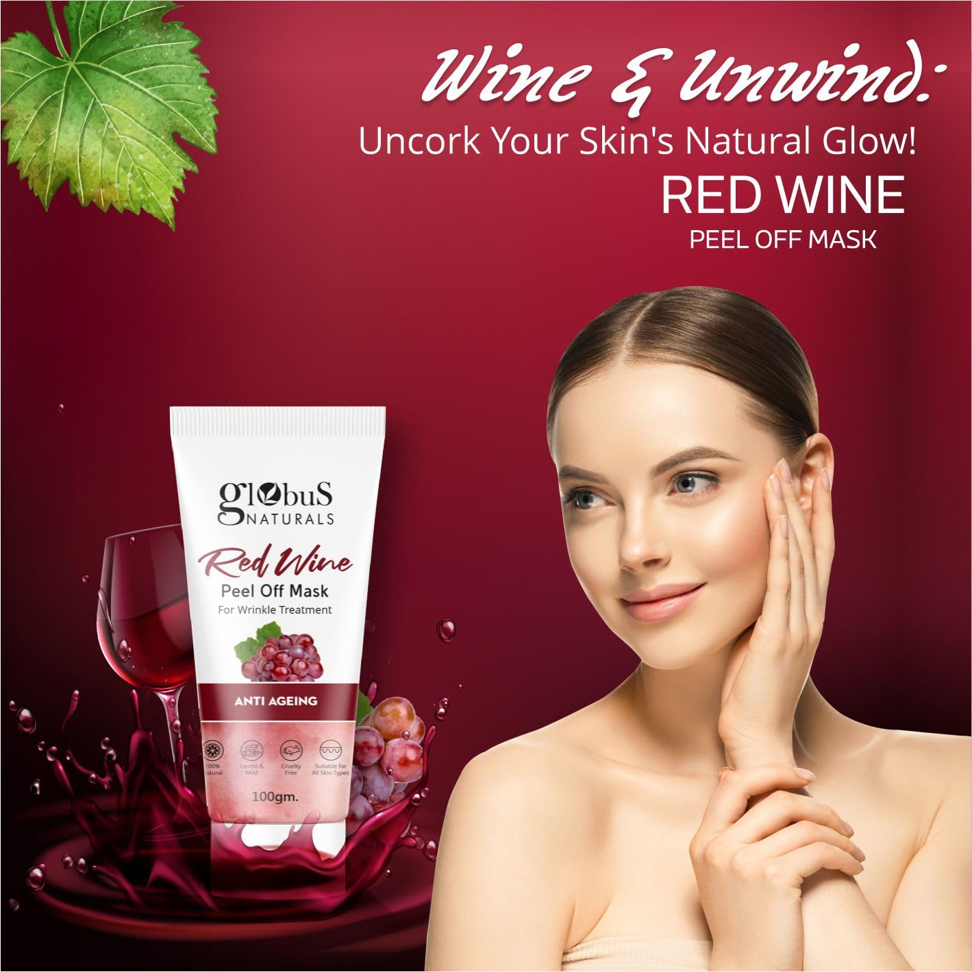 Globus Naturals Red Wine Peel Off Mask - Anti-Aging & Wrinkle Treatment for All Skin Types, 100g (Pack of 3) | Deep Cleansing & Skin Rejuvenation for Daily Skincare Routine