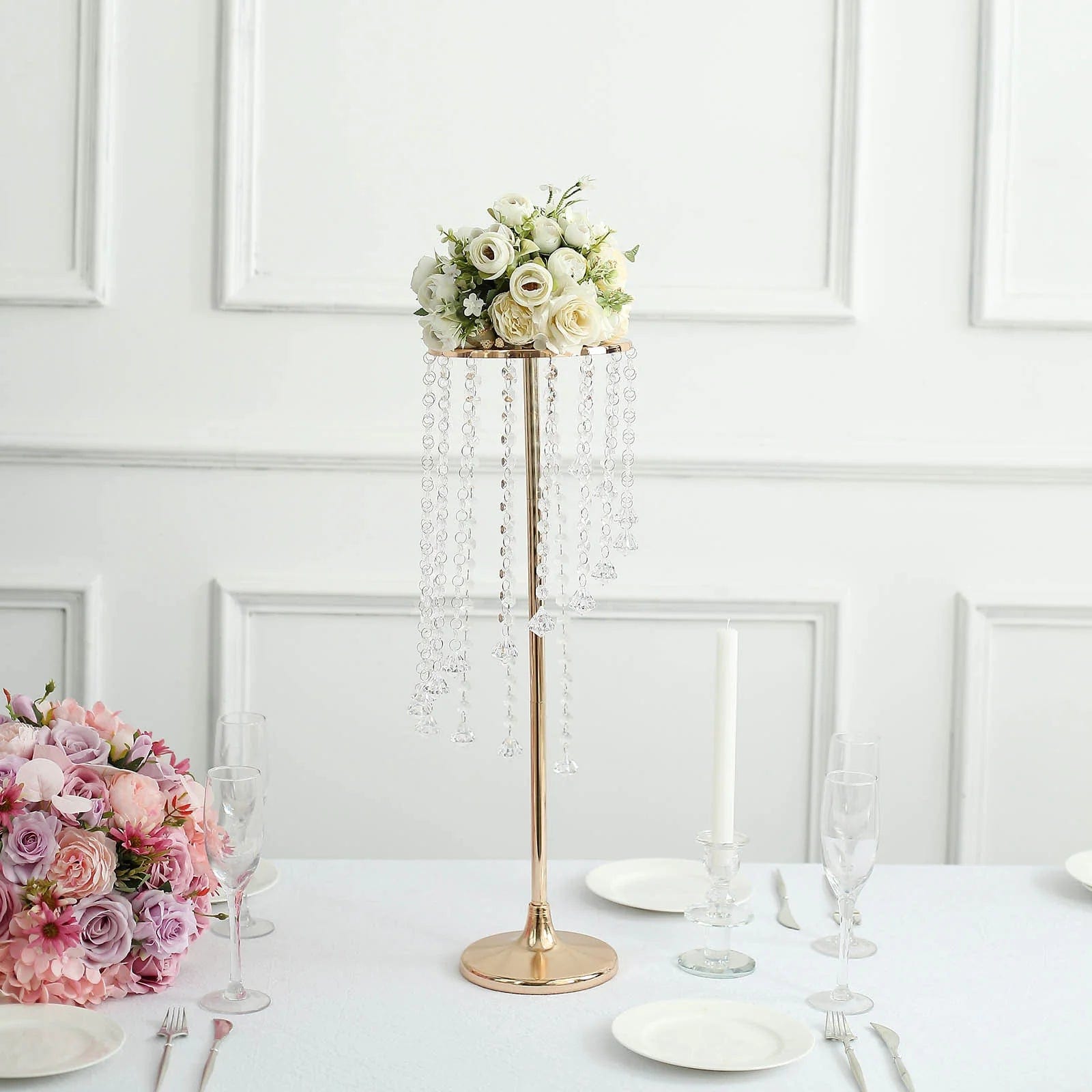 2 Pack Metal Flower Display Stands with Spiral Hanging Crystal Beads - Gold & Clear Wedding Centerpiece Decor for Table, Party, Home Decor