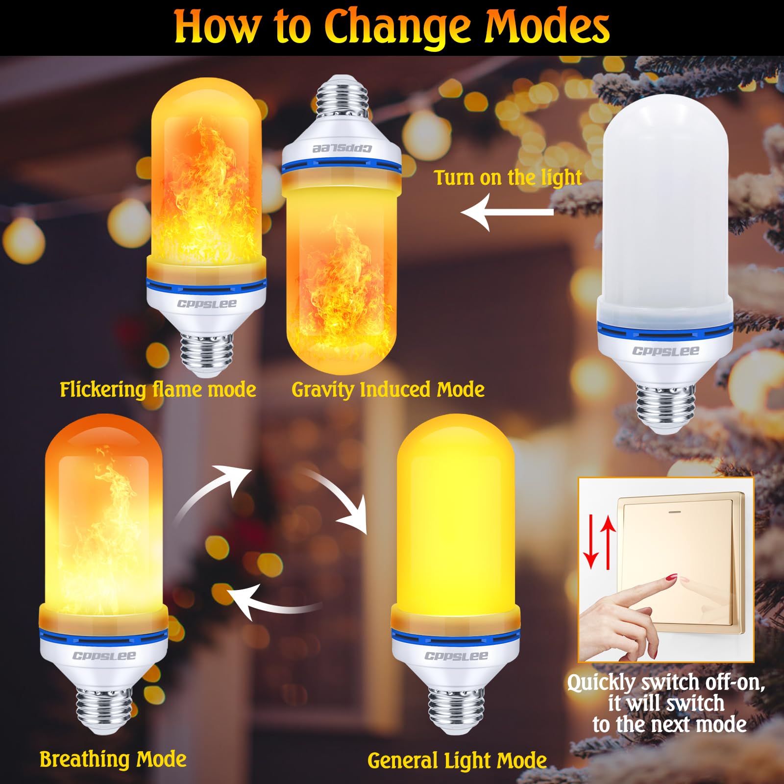 CPPSLEE LED Flame Light Bulbs - 4 Modes Flickering Fire Effect Bulbs with E26 Base - Perfect for Halloween, Christmas, Patio, Outdoor & Indoor Decor (Yellow, 2 Pack) - Create Cozy Fireplace Ambiance for Parties, Weddings & Home Decoration
