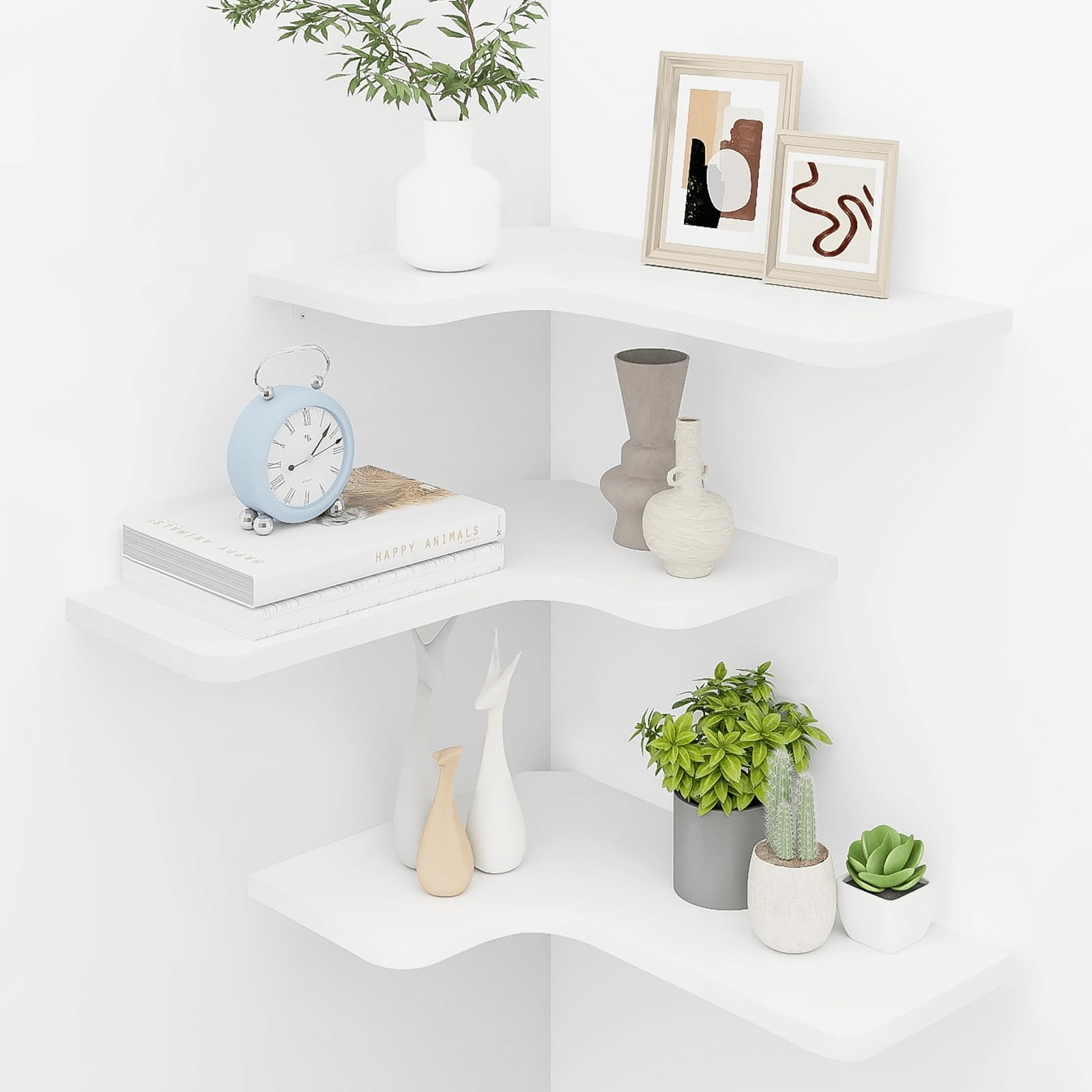 Homode 3-Pack Corner Floating Shelves - L-Shaped Wood Wall Shelves with Wire Hole for Bathroom, Kitchen, Bedroom - White - Perfect for Organizing Toiletries, Spices & Decor Items