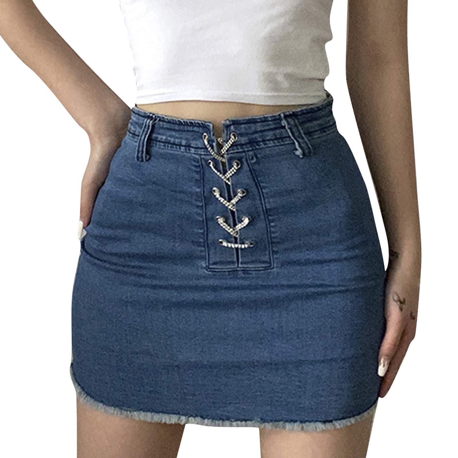 Women's High Waisted Denim Skirt with Hip Fray Strap & Chain Bag - Sexy Fashion Flowy Maxi Rainbow Skirt Dress for Casual Outings, Parties & Summer Vacations