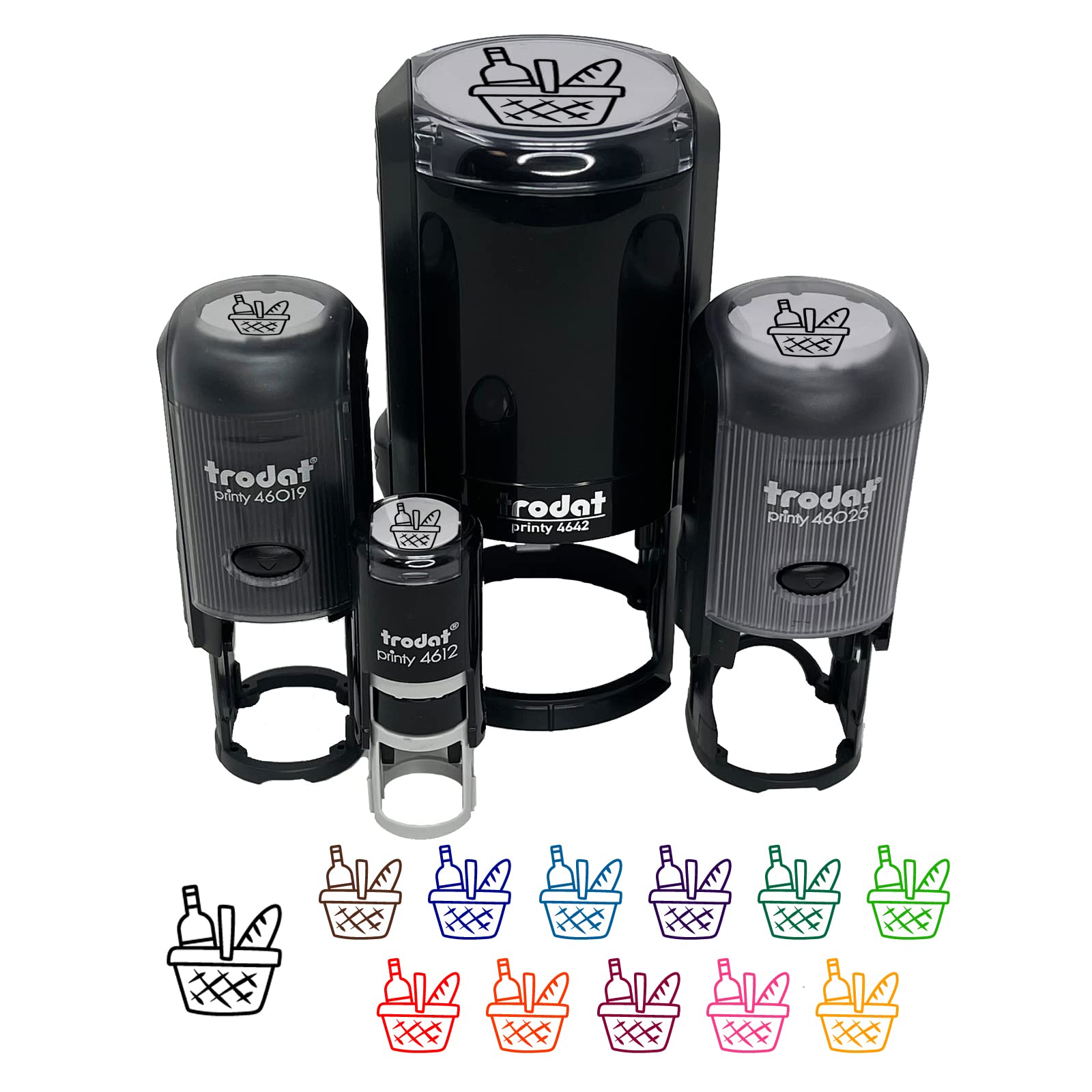 Self-Inking Rubber Stamp for Picnic Basket, Wine & Bread - 1/2 Inch Mini Craft Stamp with Brown Ink - Perfect for DIY Scrapbooking, Planner Decor, and Gift Wrapping