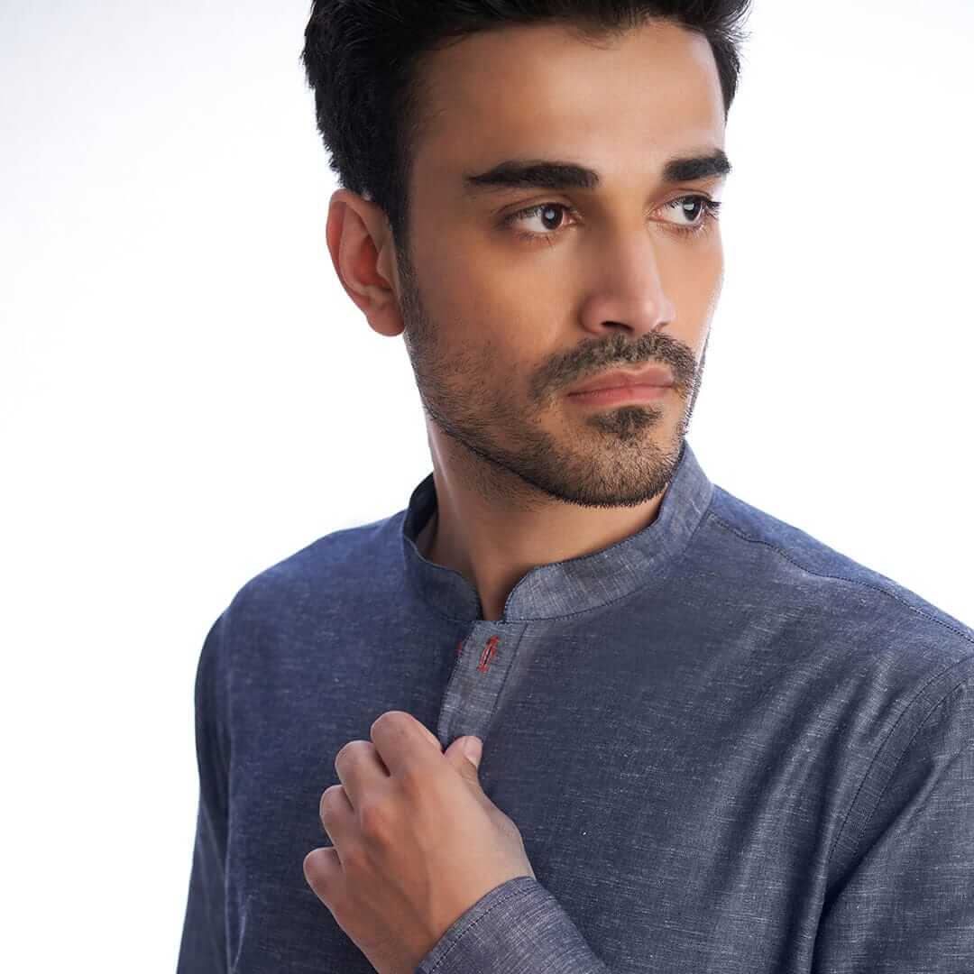 Blue Tensil Linen Kurta Pyjama Set with Red Placket - Comfortable Traditional Indian Outfit for Men, Perfect for Festivals, Weddings & Casual Wear