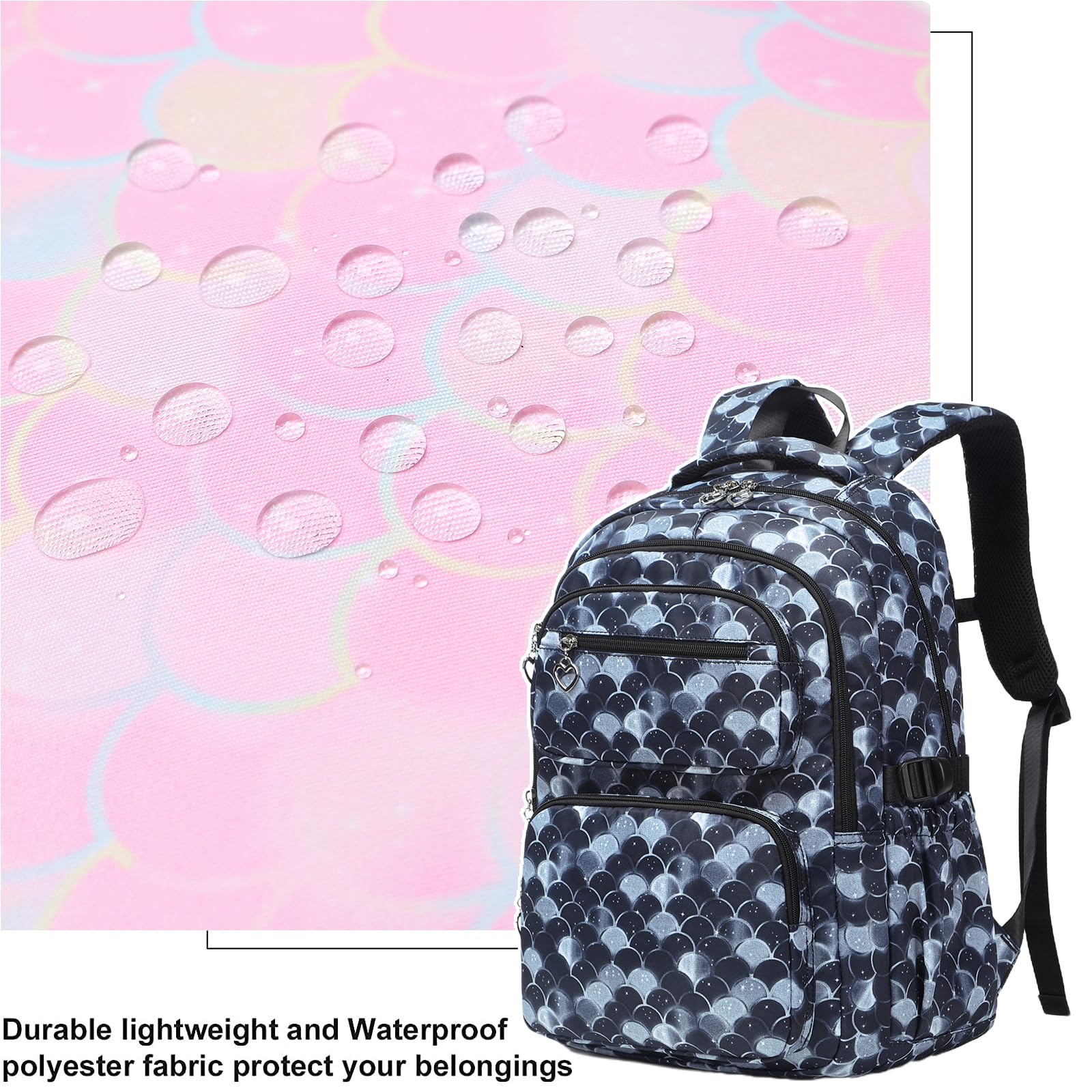 Joyfulife Mermaid Backpack for Girls - 3 in 1 School Backpack Set with Lunch Box, Cute Elementary Bookbag for Primary & Middle School Teens - Perfect for School, Travel & Daily Use