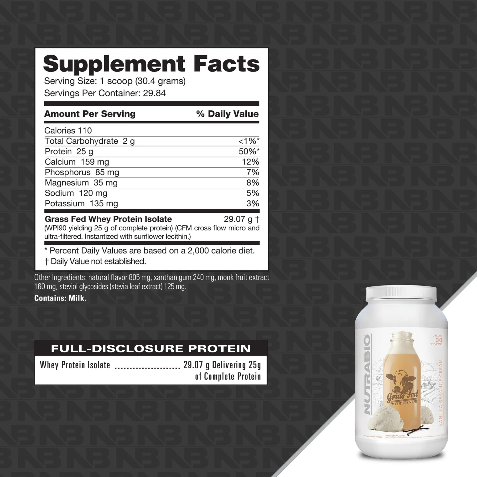 NutraBio Grass Fed Whey Isolate Protein Powder - 25G Protein Per Scoop, Sugar Free, Natural Lean Muscle Supplement - Vanilla Bean Flavor, 2LB (29 Servings) | Post-Workout Recovery & Healthy Meal Replacement for Athletes & Fitness Enthusiasts