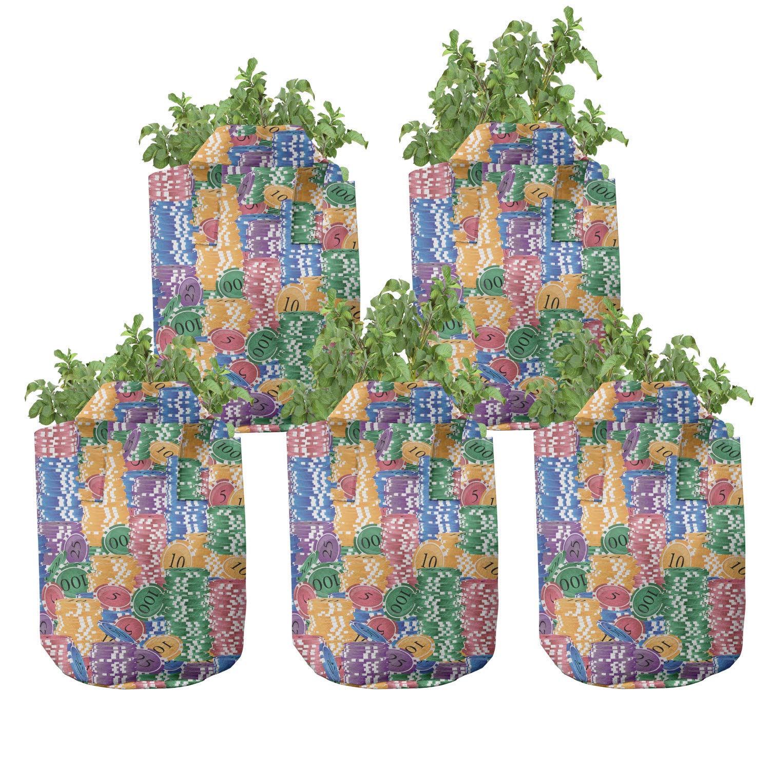 Ambesonne 5-Pack Colorful 7 Gallon Heavy Duty Fabric Grow Bags with Handles - Casino Chips Luck Design for Indoor/Outdoor Plants, Gardening & Container Planting