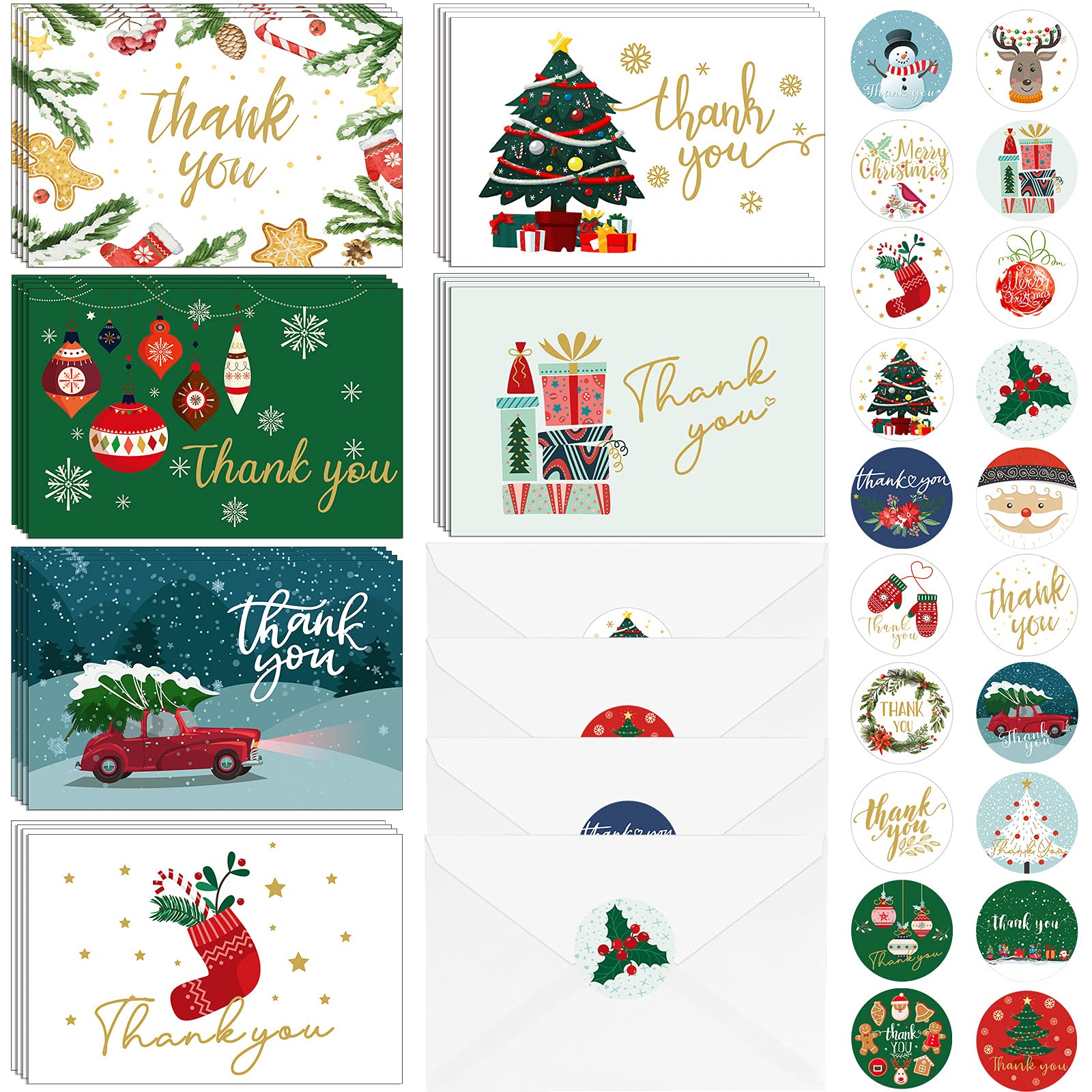 24-Piece Christmas Thank You Cards Set with Envelopes & Stickers - 6 Festive Designs Including Christmas Tree & Gingerbread - Holiday Greeting Cards for Gifts, Parties & Office Exchanges - Perfect for Xmas Presents, Family & Friends