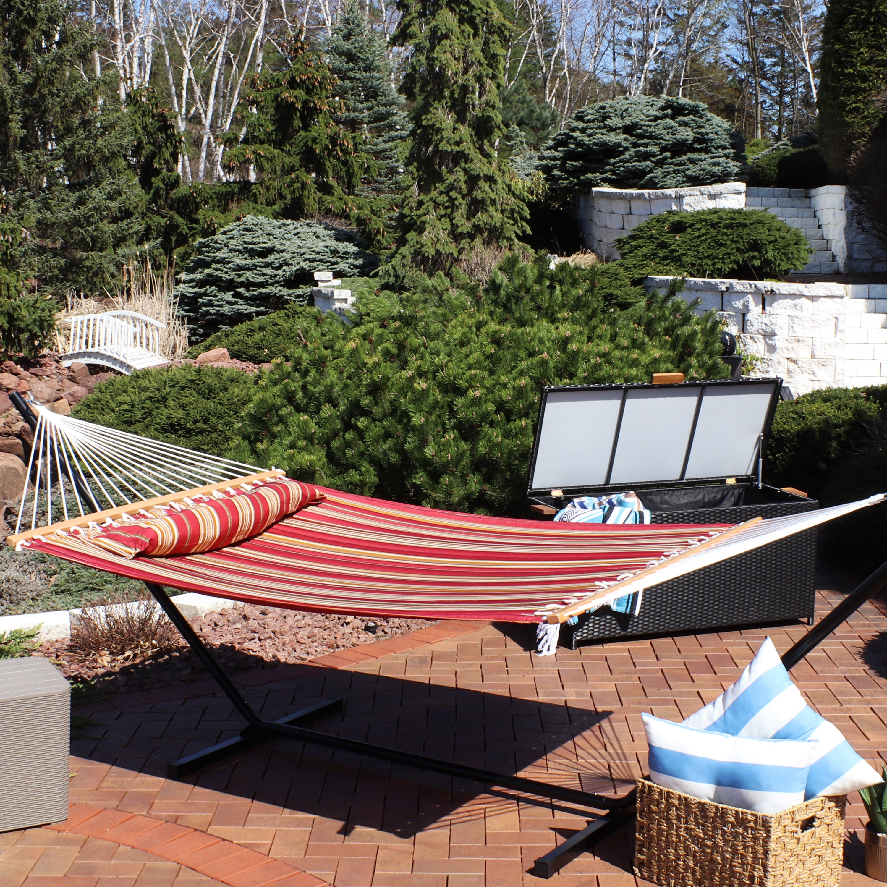 Sunnydaze 2 Person Quilted Fabric Double Hammock with Pillow - Portable Outdoor Hammock for Backyard, Camping & Beach Relaxation